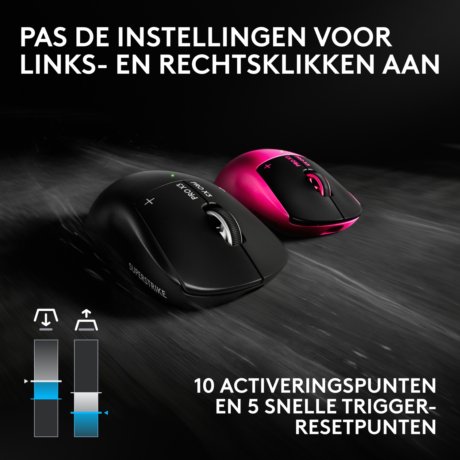 Twee moderne gamingmuizen in zwart en roze op een donkere achtergrond met tekst.