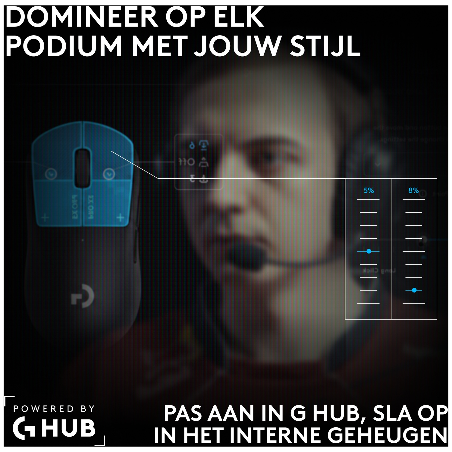 Een gamingmuis links met software-instellingen op een wazige gamerachtergrond.