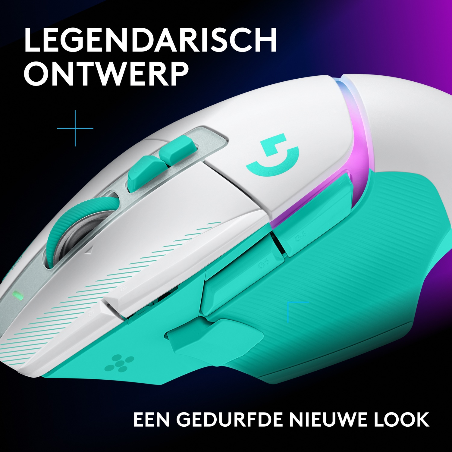 Een wit-turquoise gamingmuis met RGB-verlichting en tekst op een zwarte achtergrond.