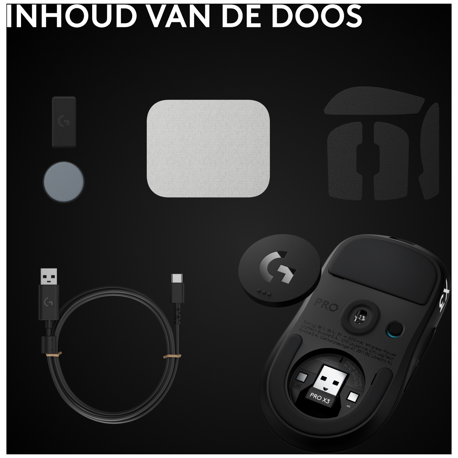 Inhoud van de doos met een zwarte Logitech-muis, USB-kabel, ontvanger en accessoires op donkere achtergrond.