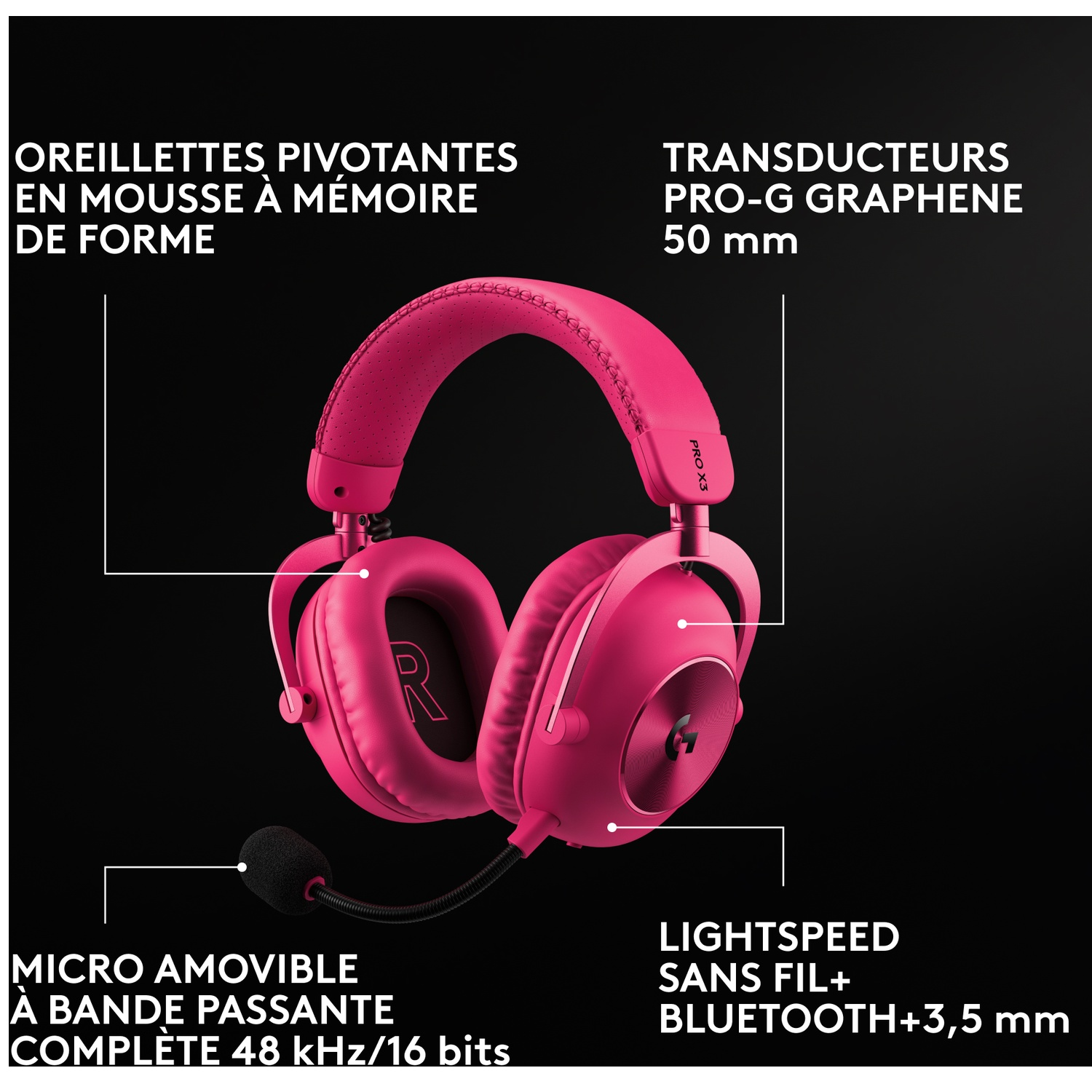 LOGITECH G PRO X3 LIGHTSPEED Over-ear Casque gaming Magenta