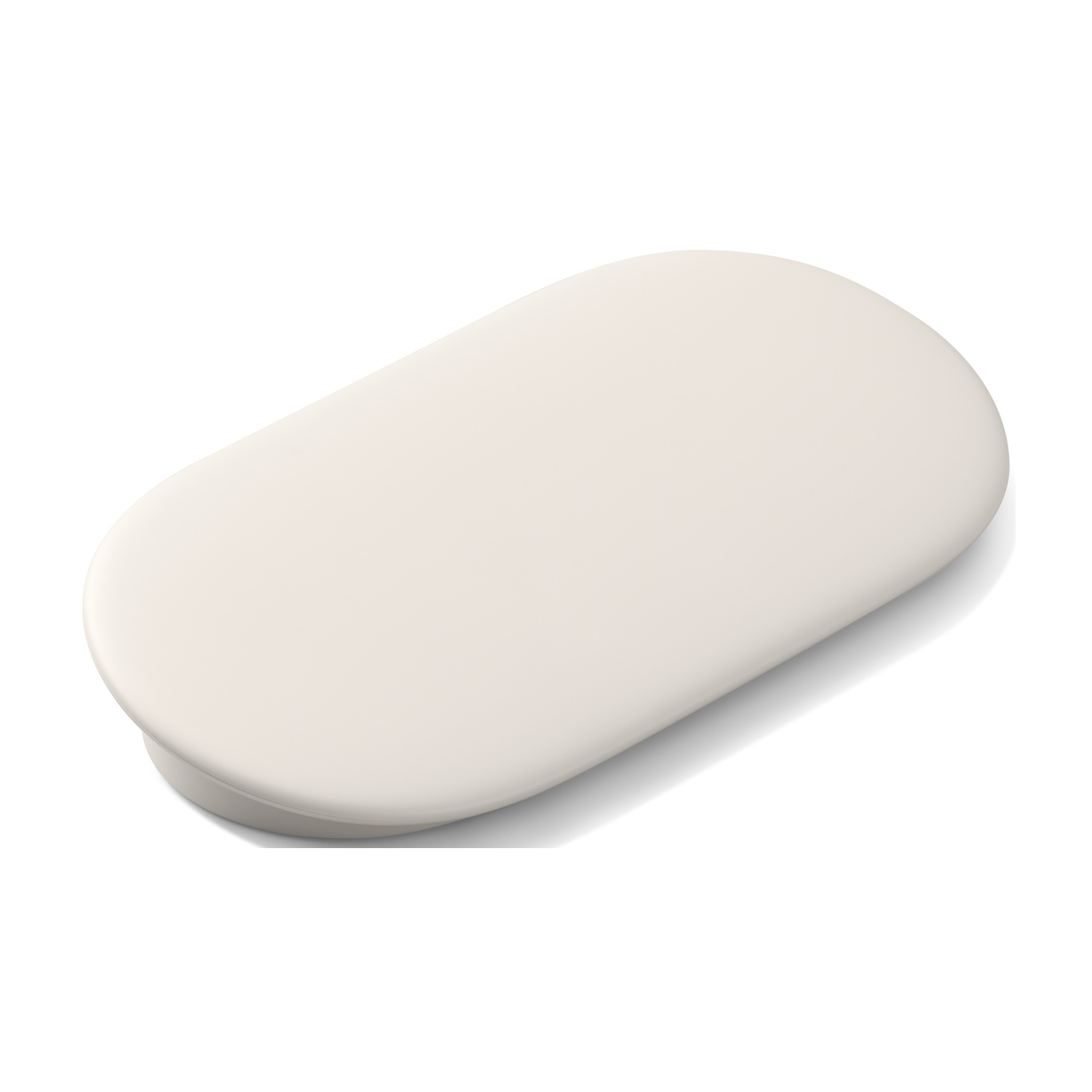 Un cuscino beige allungato con angoli arrotondati su sfondo bianco.