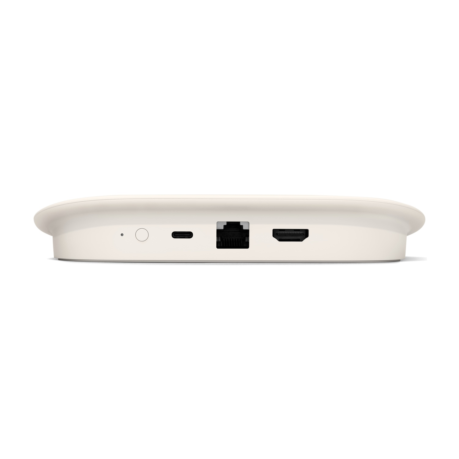 Vista posteriore di un hub bianco con porte di alimentazione, Ethernet e HDMI su sfondo bianco.