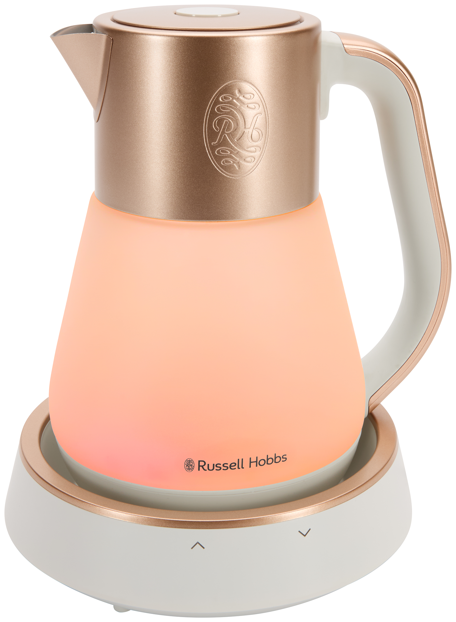 Rózsaarany és fehér Russell Hobbs vízforraló világító testtel, kerek alapon áll.