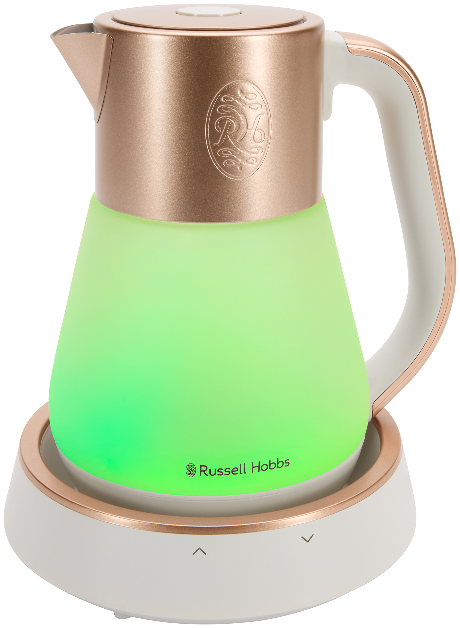 Egy réz részletekkel rendelkező Russell Hobbs vízforraló élénkzölden világít egy fehér alapon.