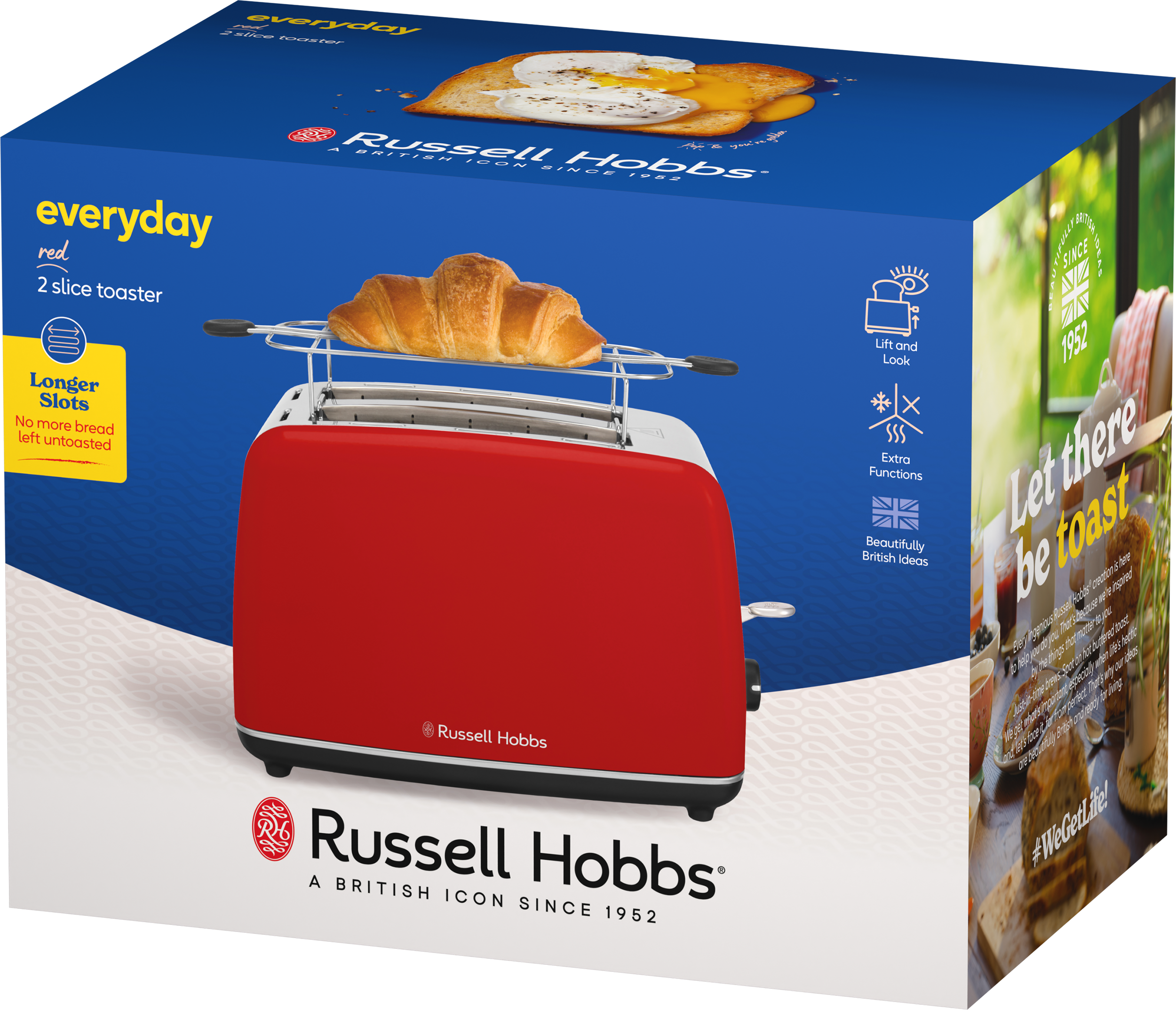 Piros Russell Hobbs 2 szeletes kenyérpirító csomagolása péksüteménytartó rácsán croissant-nal.