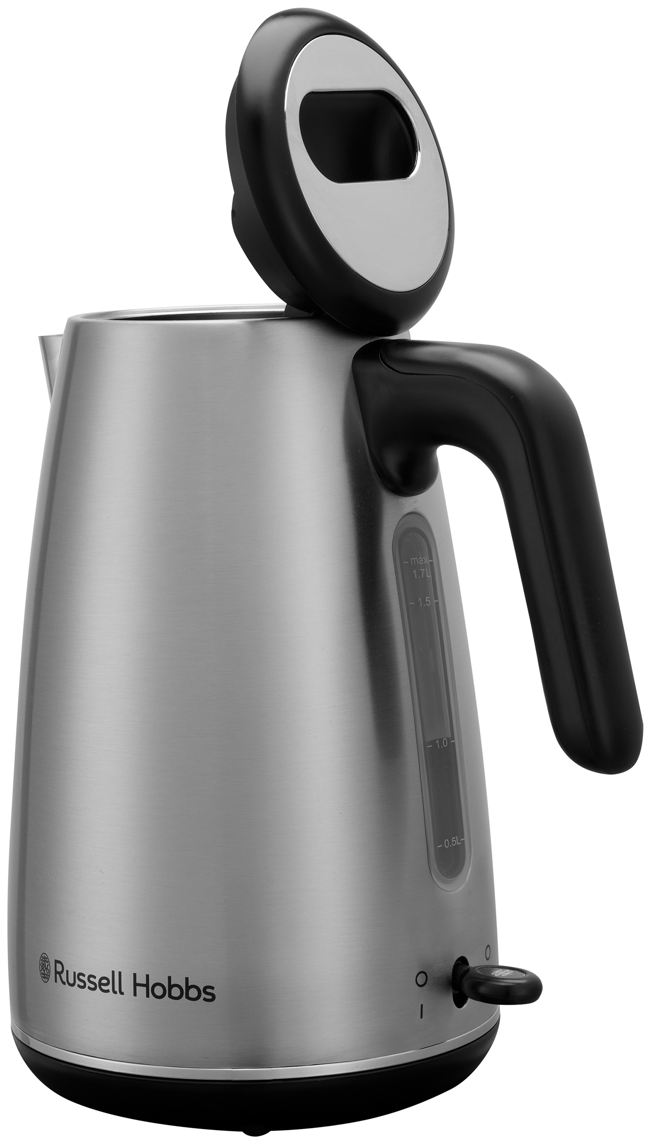 Egy rozsdamentes acél Russell Hobbs vízforraló nyitott fedéllel, fekete fogantyúval és vízszintjelzővel.