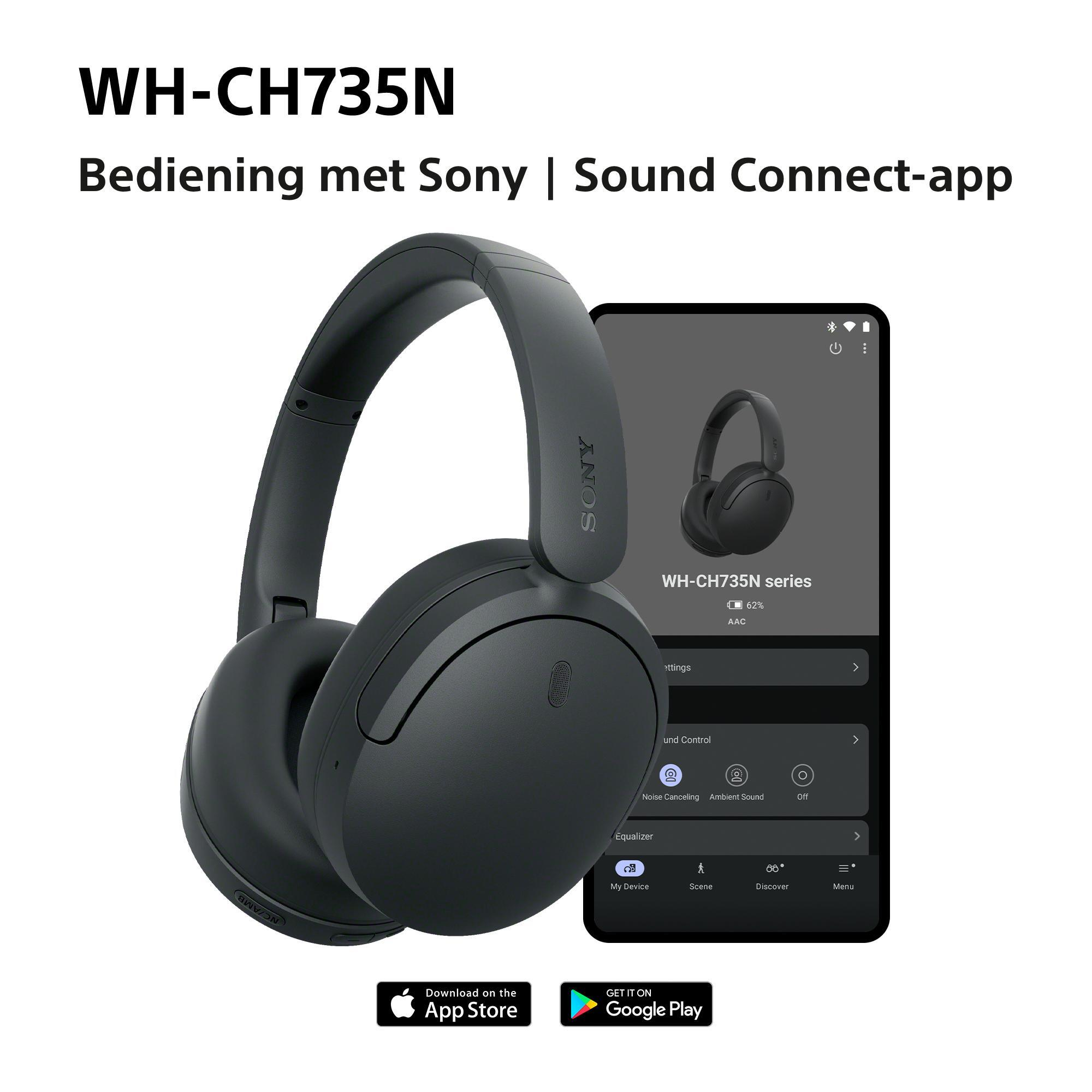 Black Sony WH-CH735N headphones next to a smartphone displaying the Sound Connect app.