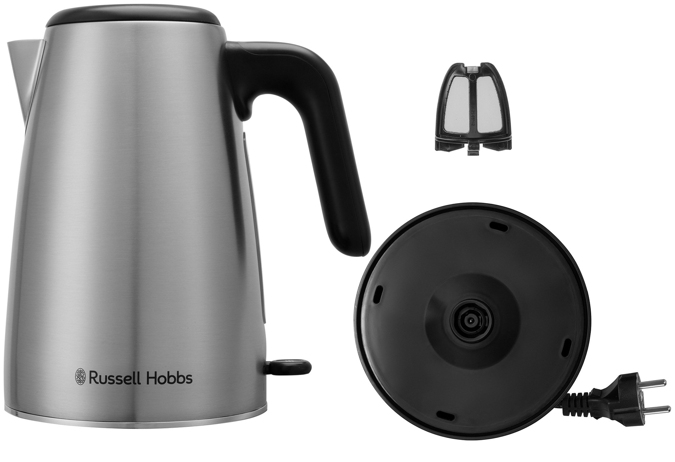 Rozsdamentes acél Russell Hobbs vízforraló különálló talpazattal és kivehető vízkőszűrővel.