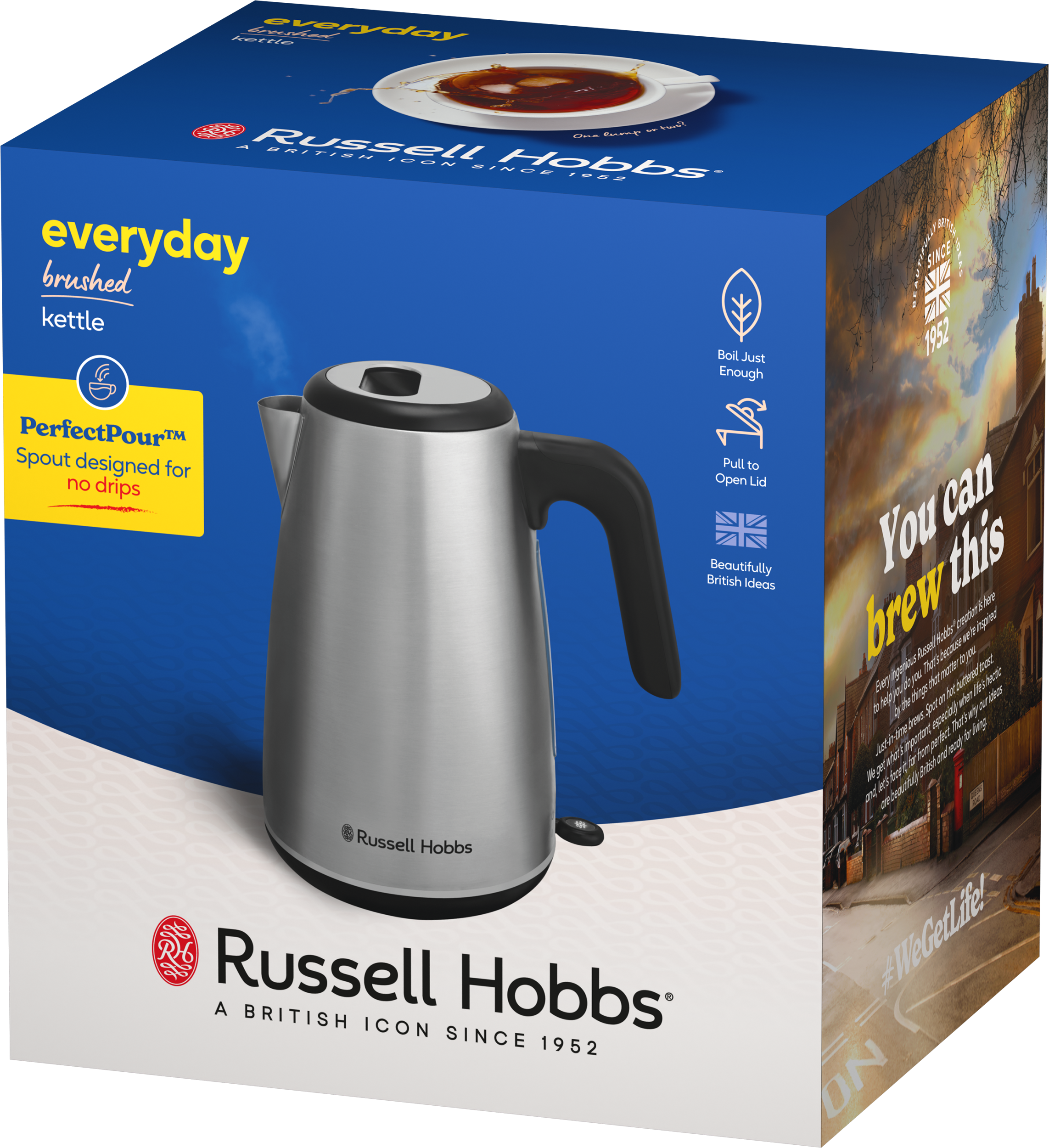 Termékdoboz egy ezüst Russell Hobbs vízforralóhoz, kék háttérrel és promóciós szöveggel.
