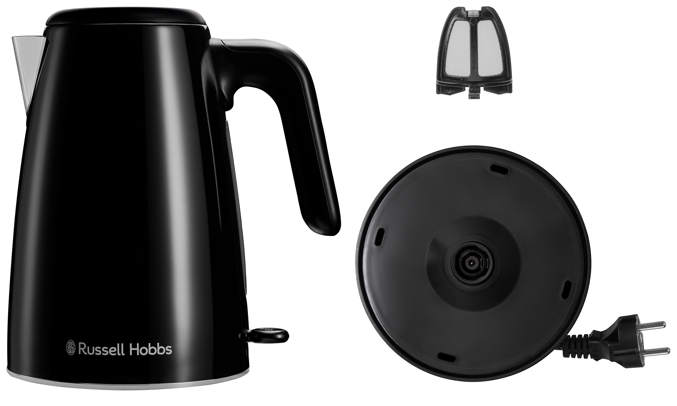 Fekete Russell Hobbs vizforralo talpazattal es kiveheto szurovel.