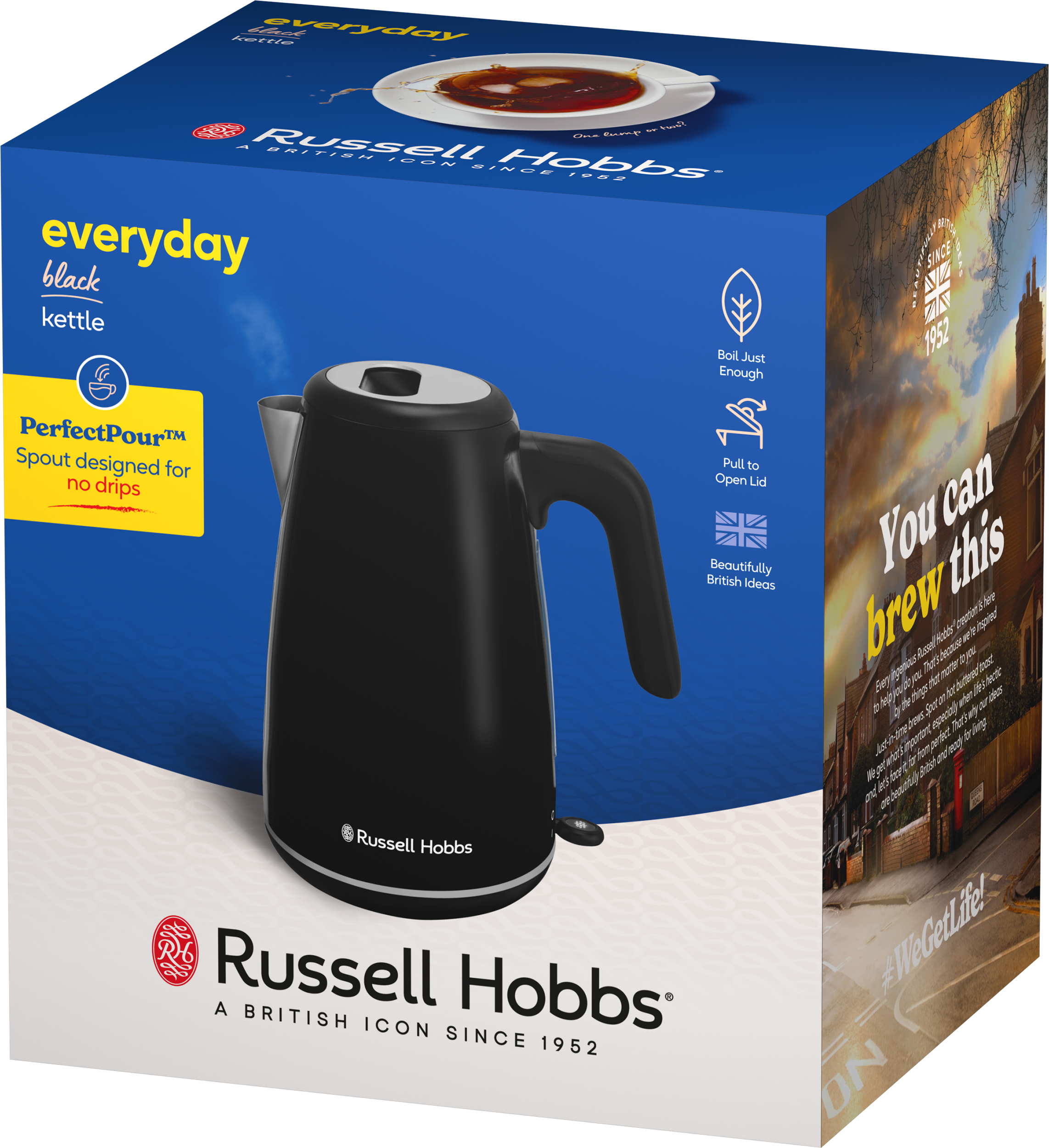 Fekete Russell Hobbs vízforraló termékcsomagolása kék alapon, promóciós szöveggel.