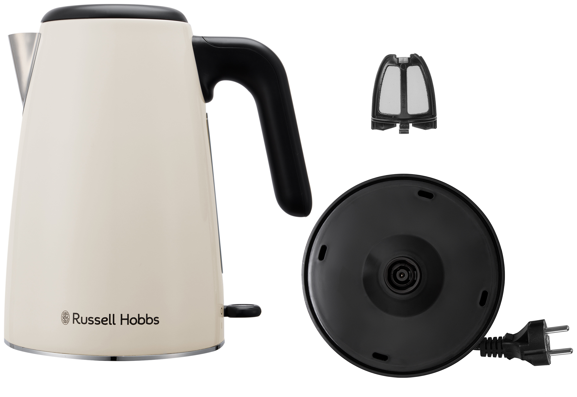 Krémszínű Russell Hobbs vízforraló fekete fogantyúval, külön szűrővel és kábeles talppal.