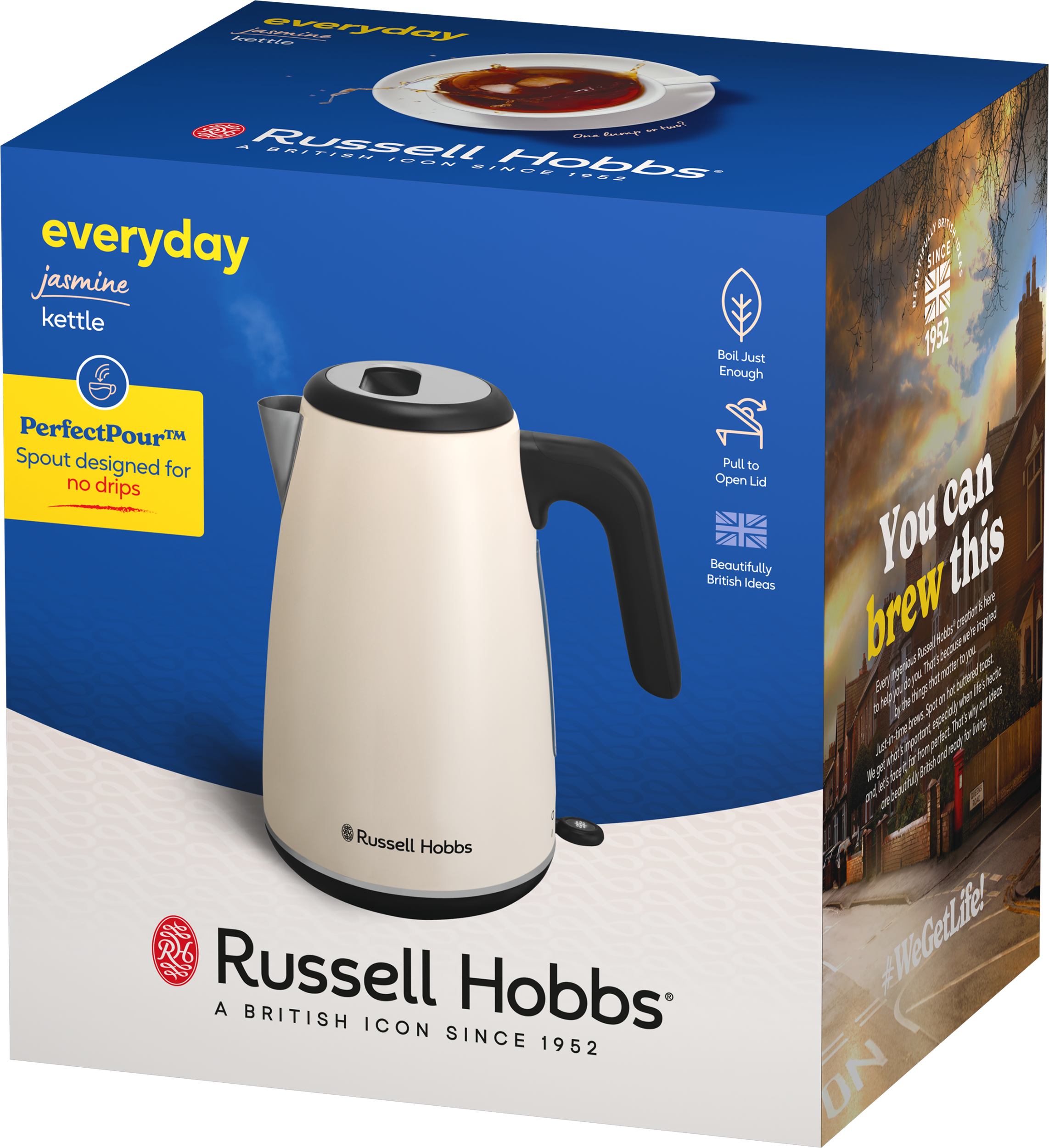 Egy fehér Russell Hobbs Jasmine vízforraló termékcsomagolása kék háttér előtt.