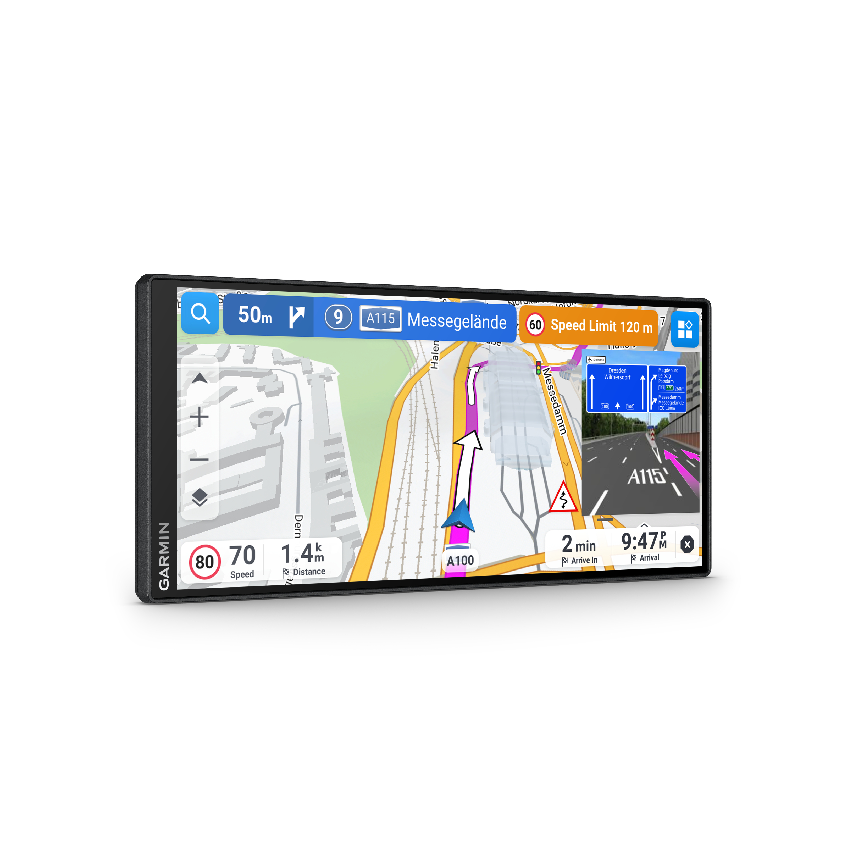 Garmin-GPS-Gerät zeigt eine Straßennavigation mit Karten, Tempolimits und Fahrspuren.