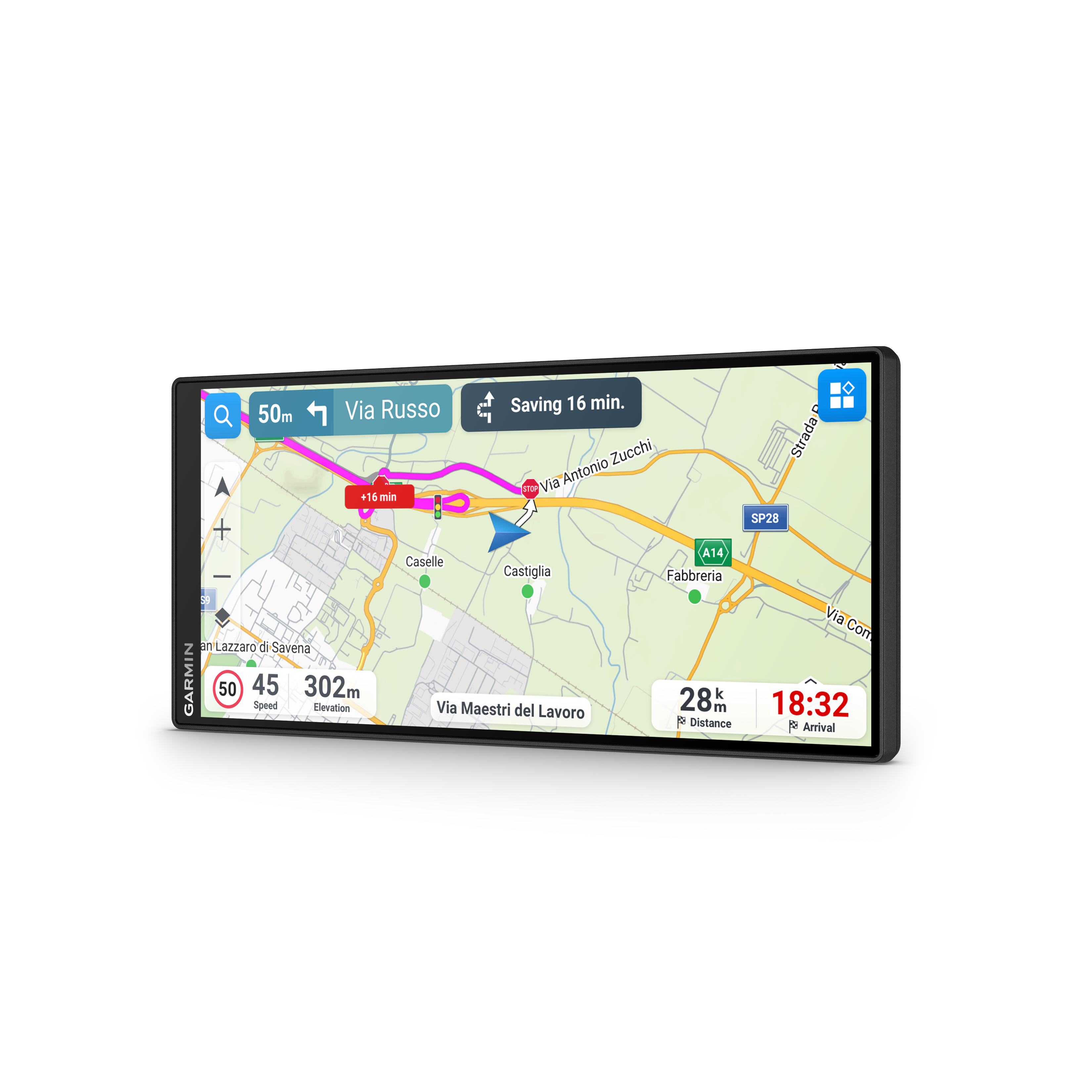 Garmin-GPS-Gerät zeigt eine detaillierte Straßennavigation mit Routen- und Reisedaten.