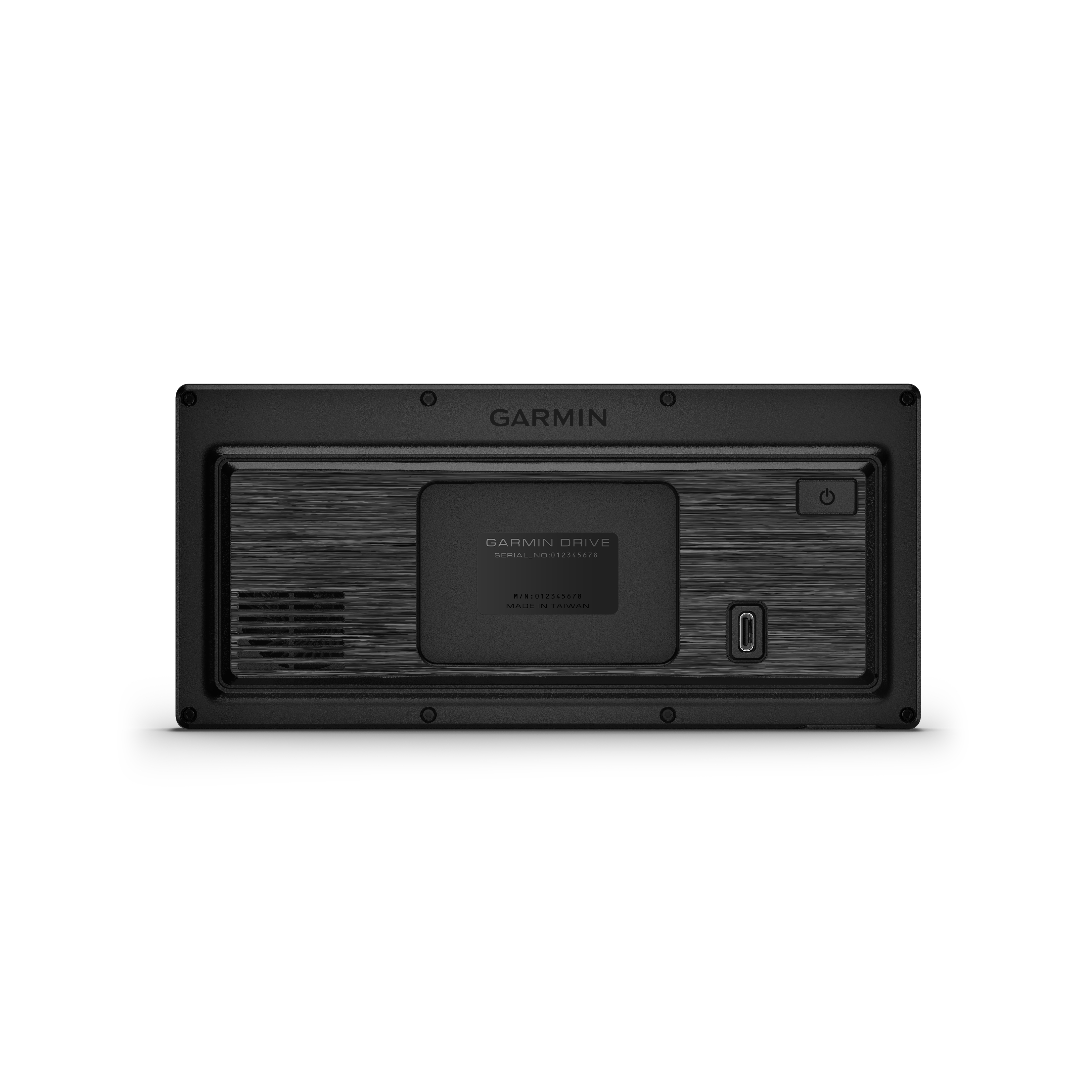 Rückansicht eines schwarzen Garmin-Geräts mit Lautsprechergitter, Ein-/Ausschalter, USB-Anschluss und Etikett.