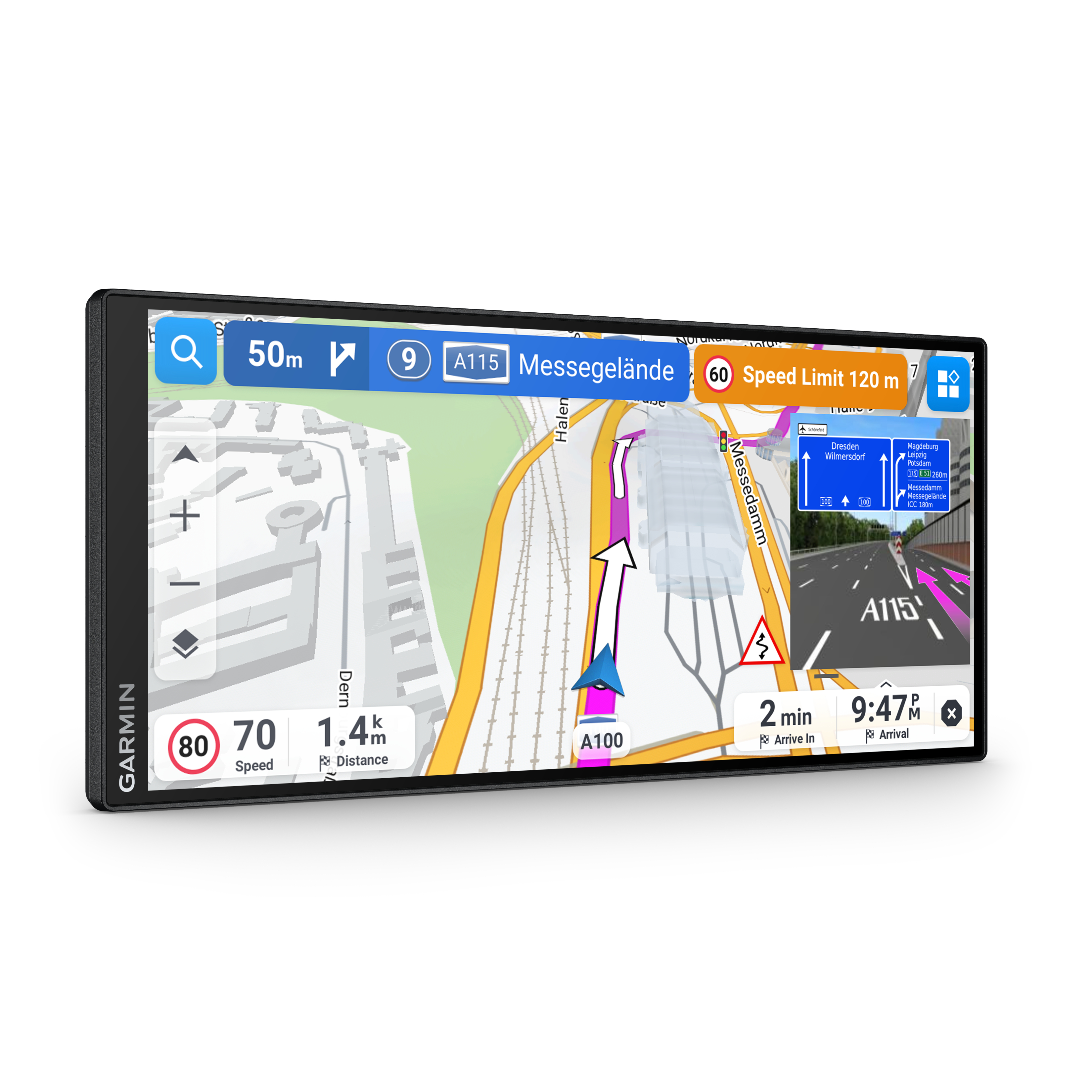 Garmin-GPS-Gerät zeigt eine Straßennavigation mit Straßenkarte, Routenpfeilen und Metriken an.