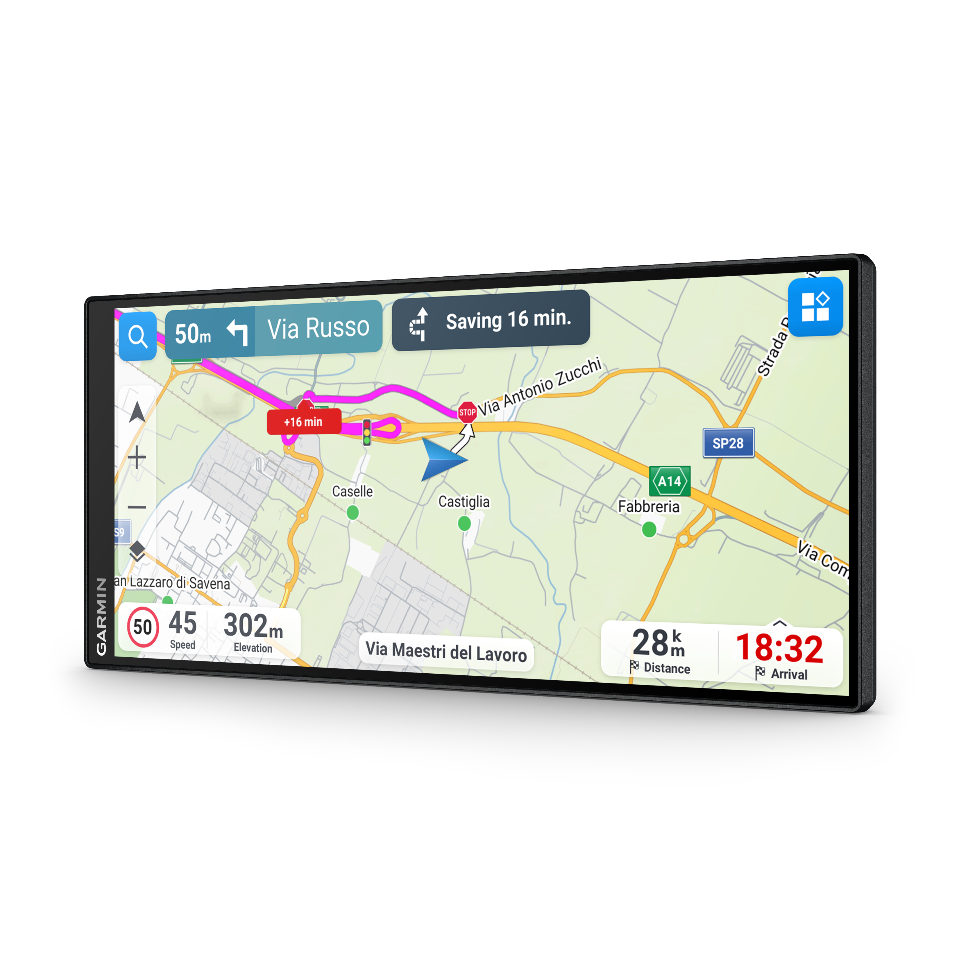 Ein Garmin-GPS-Navigationsgerät zeigt eine Routenkarte mit Reisedetails, Geschwindigkeitsbegrenzung, Entfernung und Ankunftszeit.