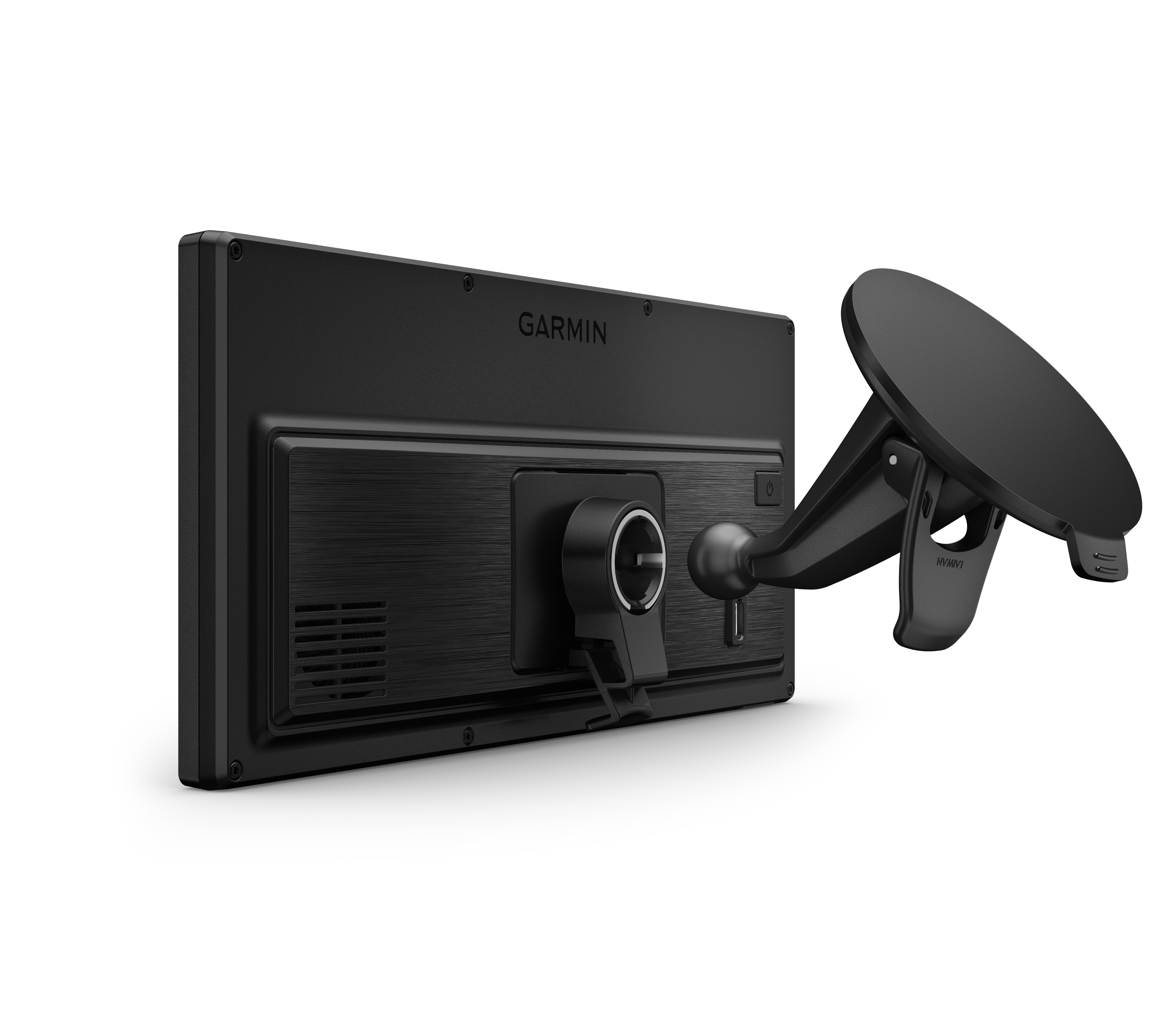 Schwarzes Garmin-GPS-Gerät von hinten mit Saugnapfhalterung.