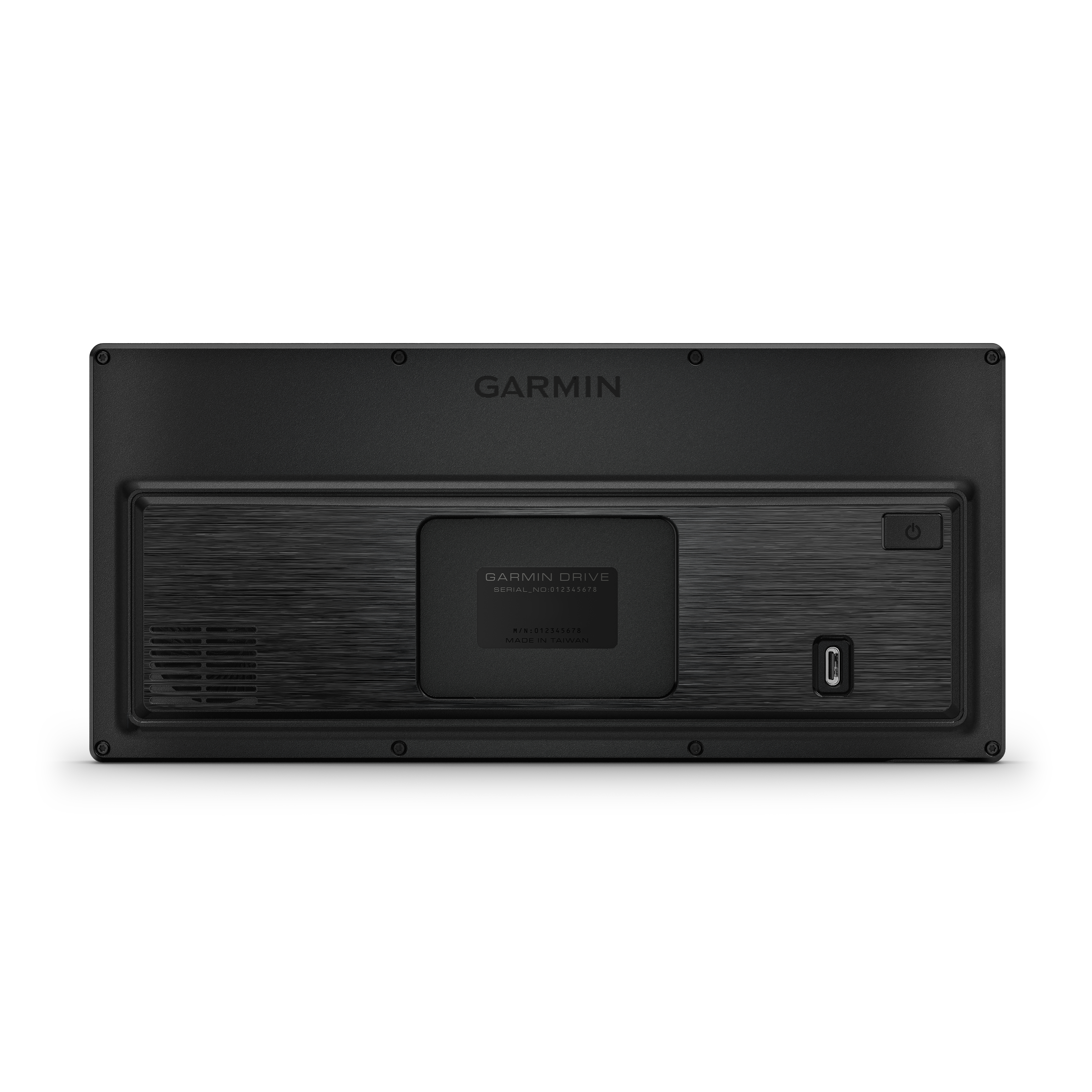 Die schwarze Rückseite eines Garmin-GPS-Geräts zeigt das Garmin-Logo, einen Power-Button und einen USB-Anschluss.