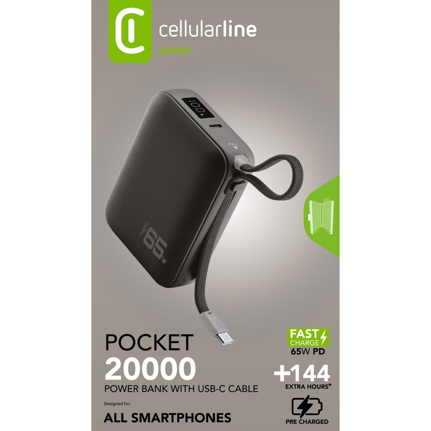 Power bank nera Cellularline da 20000mAh con cavo USB-C integrato e display digitale su sfondo grigio.