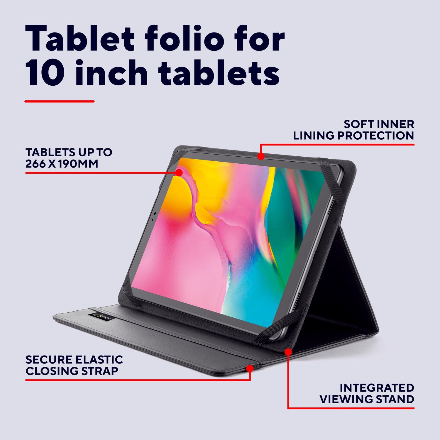 Una custodia nera per tablet da 10 pollici con caratteristiche evidenziate in rosso.