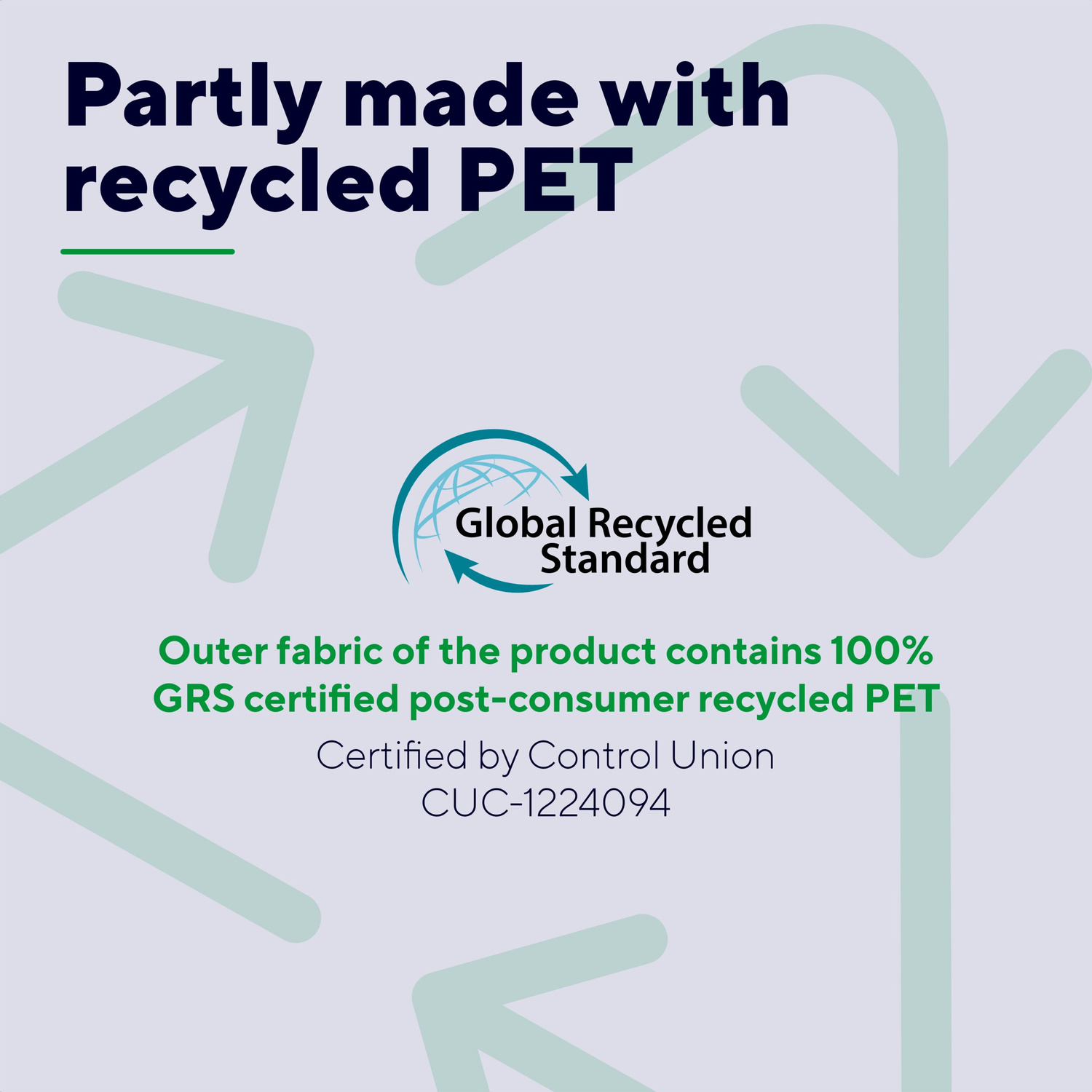 Testo sul PET riciclato con logo Global Recycled Standard su sfondo grigio con frecce verdi.