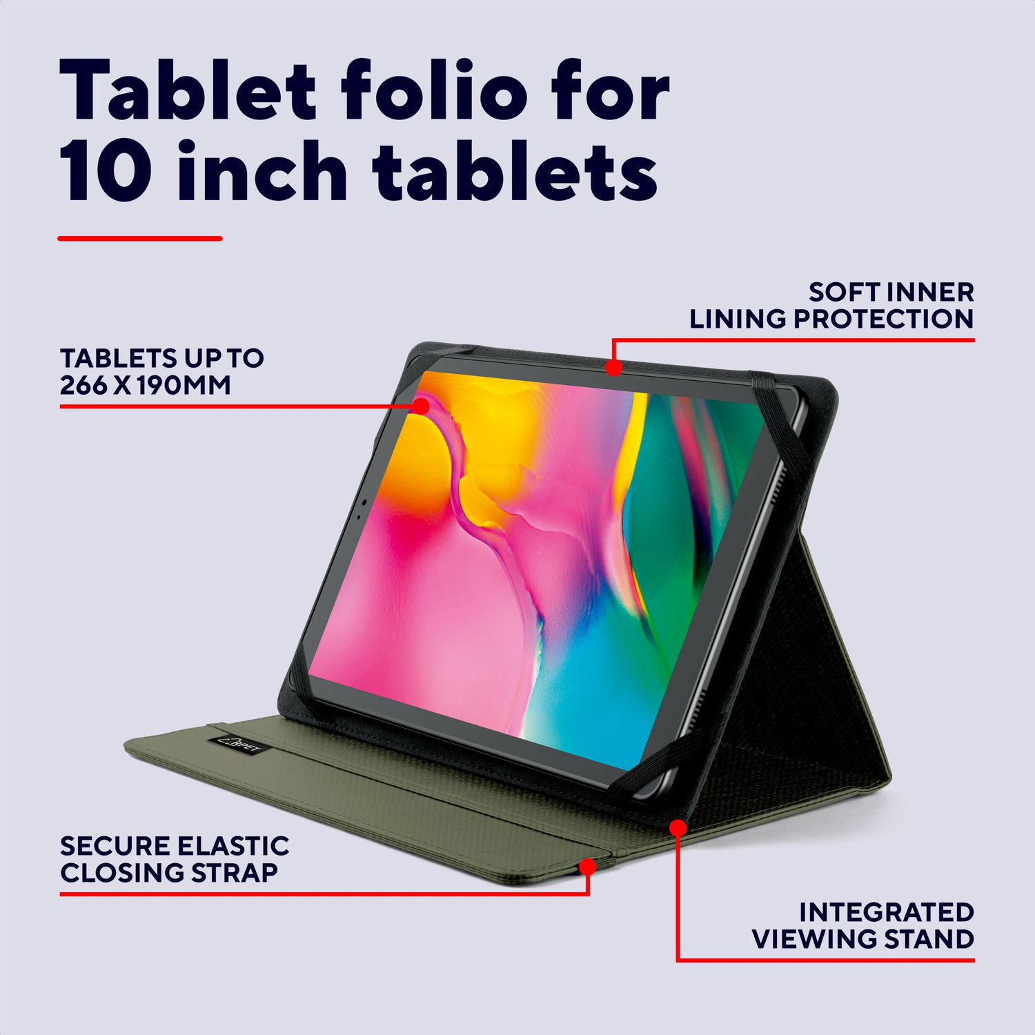 Una custodia verde per tablet da 10 pollici con supporto, cinghia elastica e protezione interna.