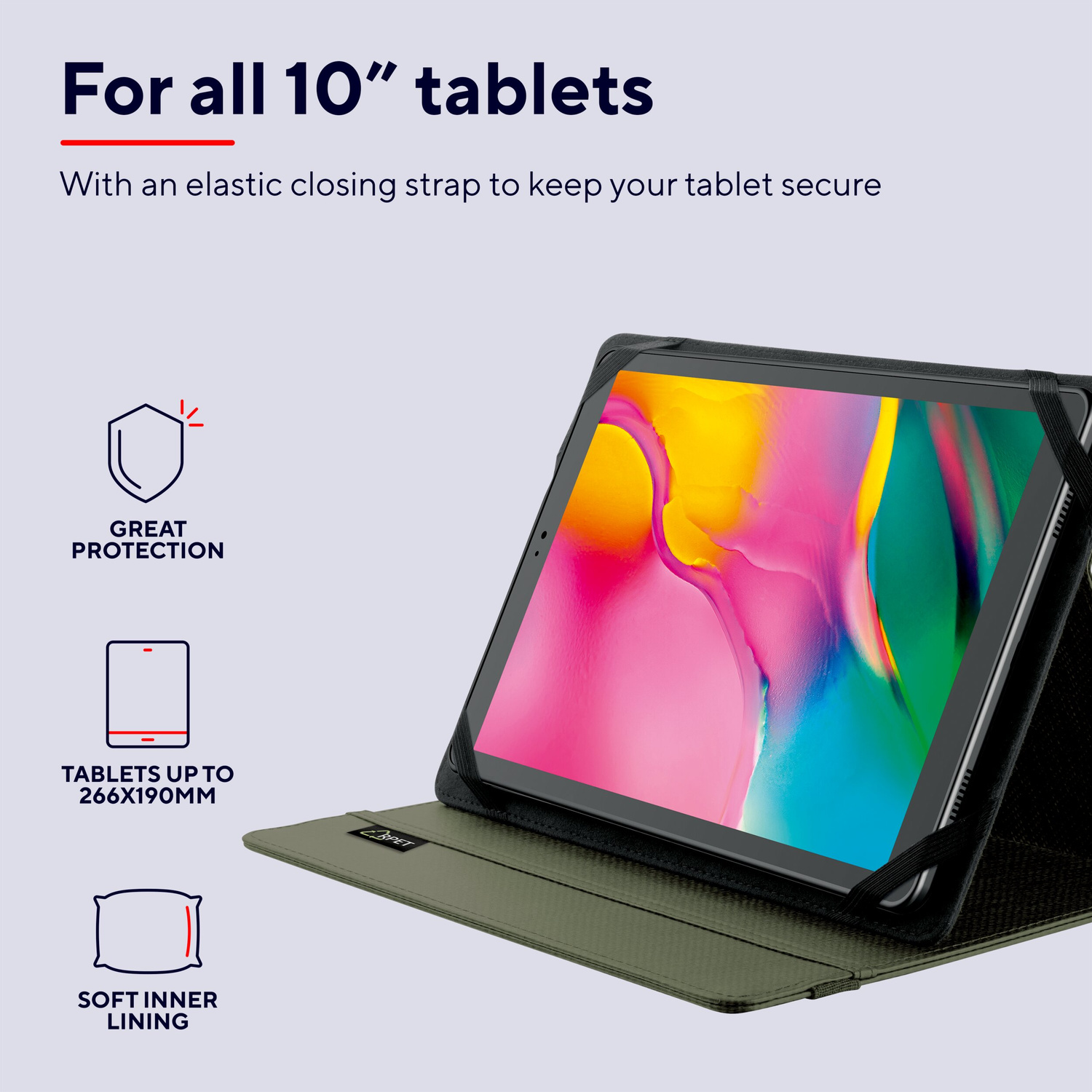 Una custodia verde per tablet da 10 pollici con protezione e cinturino.