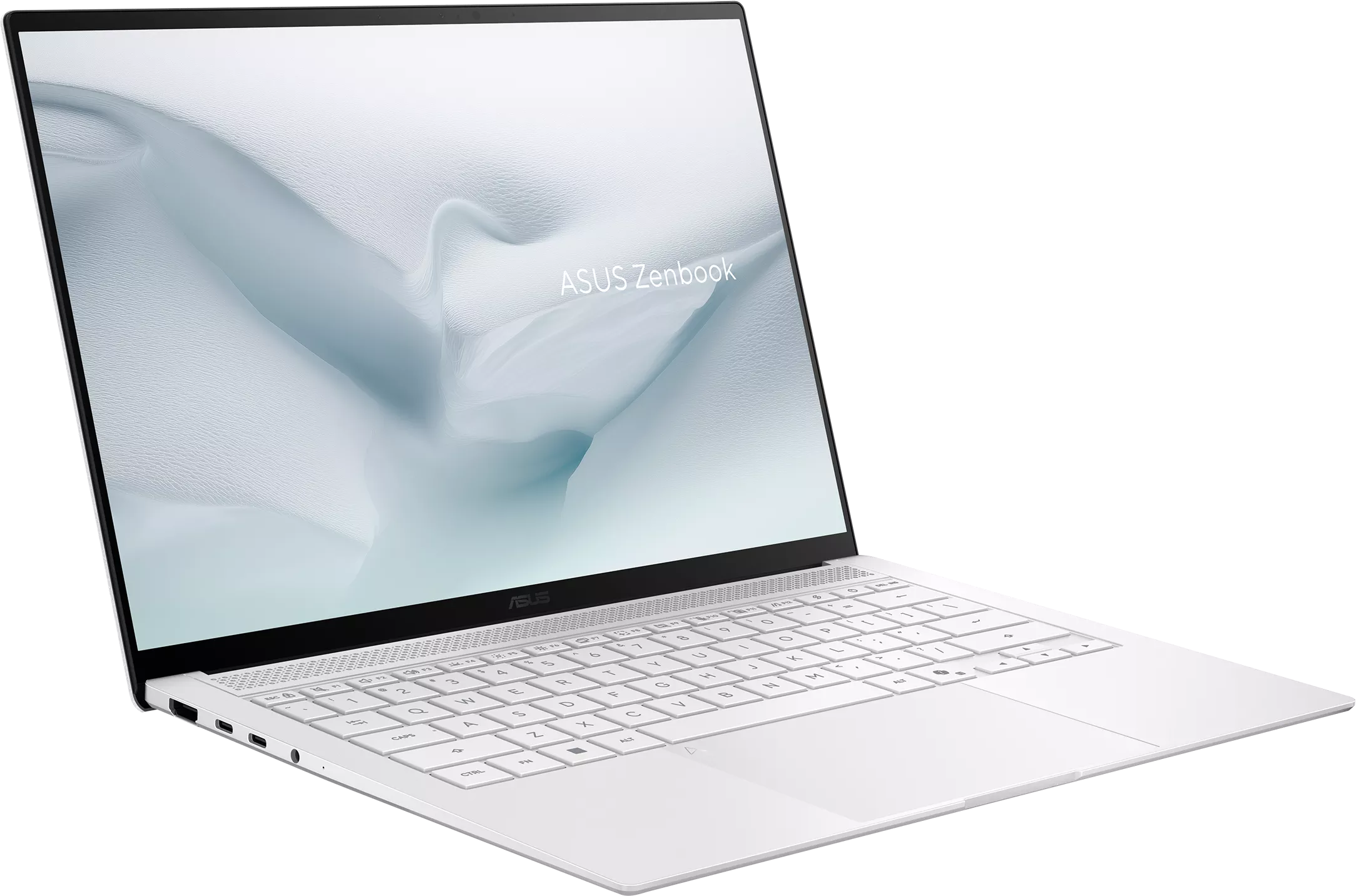 Egy fehér ASUS Zenbook laptop világos képernyővel és háttérvilágítású billentyűzettel fekete alapon.