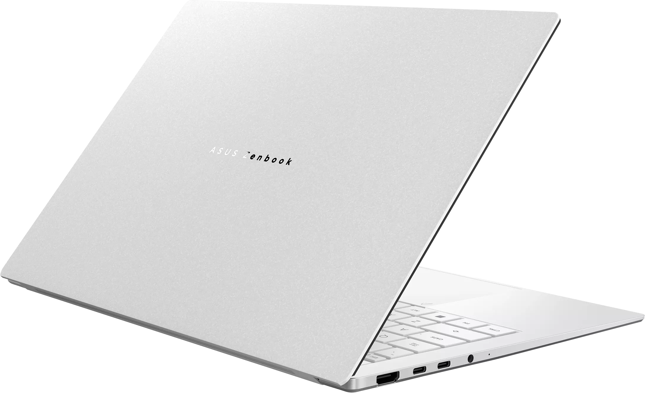 Egy ezüst színű ASUS Zenbook laptop nyitva áll fekete háttér előtt, a fényes borításra fókuszálva.