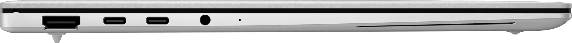 Egy ezüst laptop oldalsövénye HDMI-porttal, két USB-C-porttal és egy audiócsatlakozóval.