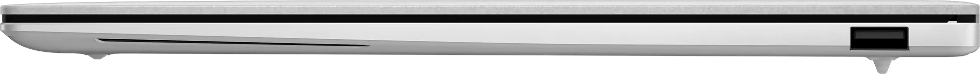 Zárt fehér laptop oldalsó nézete USB-porttal és egy vékony nyílással.