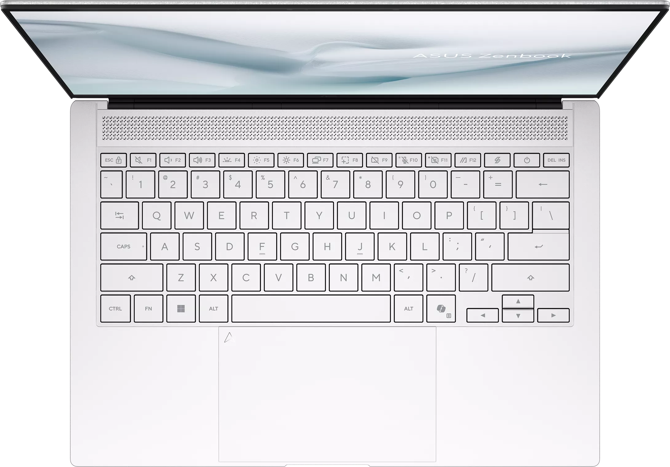 Ezüst színű ASUS Zenbook laptop felülnézete fehér billentyűzettel.
