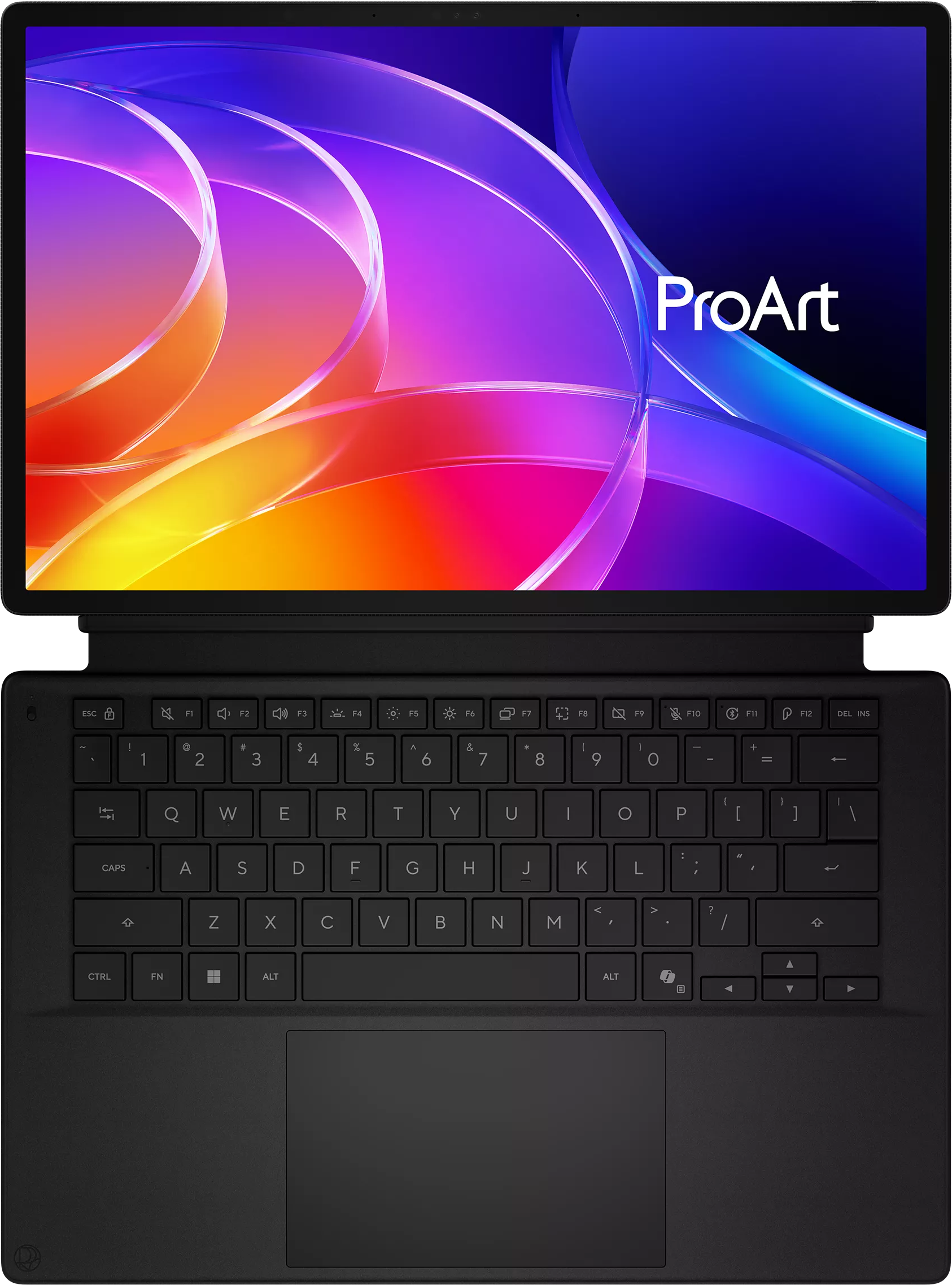 Fekete laptop színes absztrakt vonalakkal a képernyőn és egy csatlakoztatott billentyűzettel.
