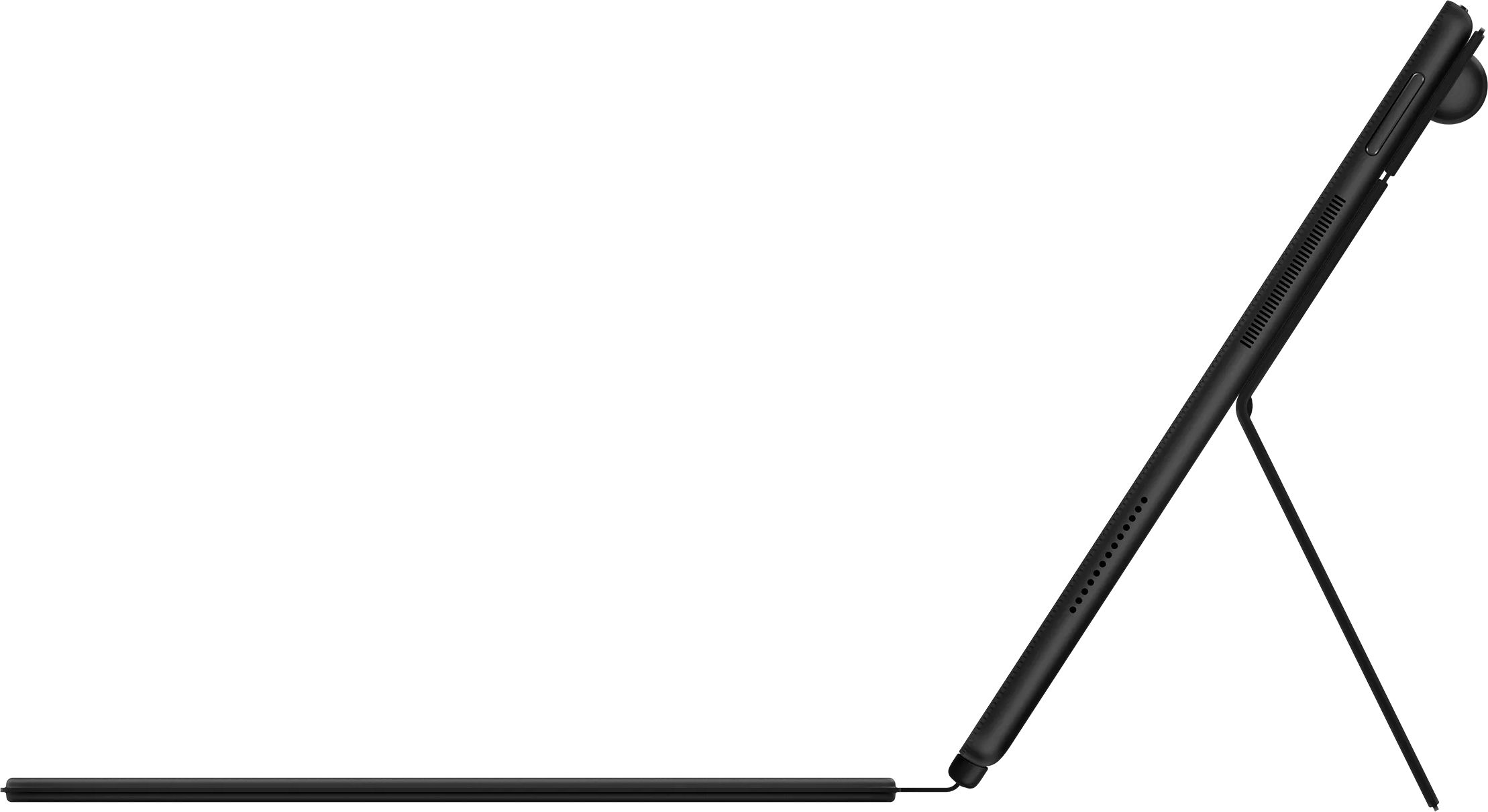 Fekete színű tablet oldalnézete beépített állvánnyal és lapos billentyűzettel, fekete háttér előtt.