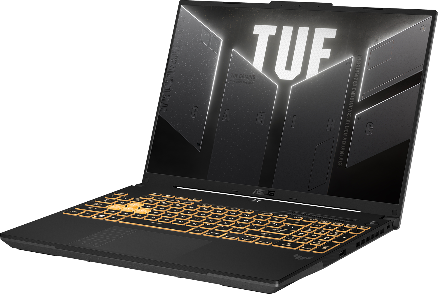 Fekete Asus TUF gamer laptop narancssárgán világító billentyűzettel és a képernyőn látható TUF logóval sötét háttér előtt.