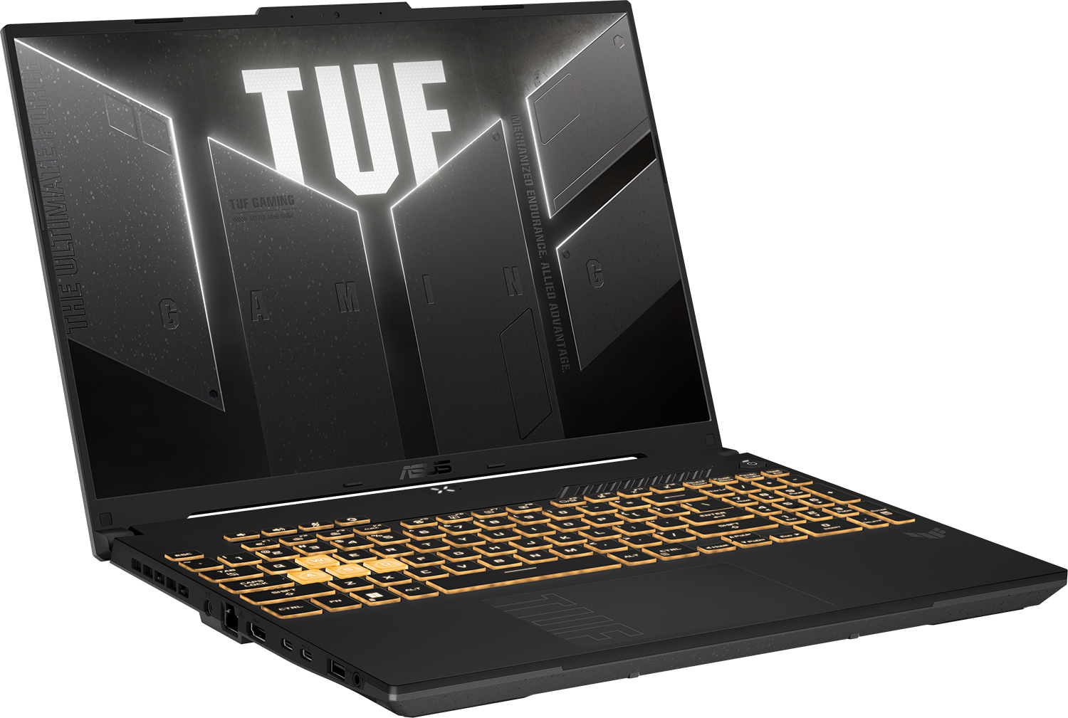 Fekete ASUS TUF gamer laptop világító sárga billentyűzettel és TUF logóval a képernyőn.
