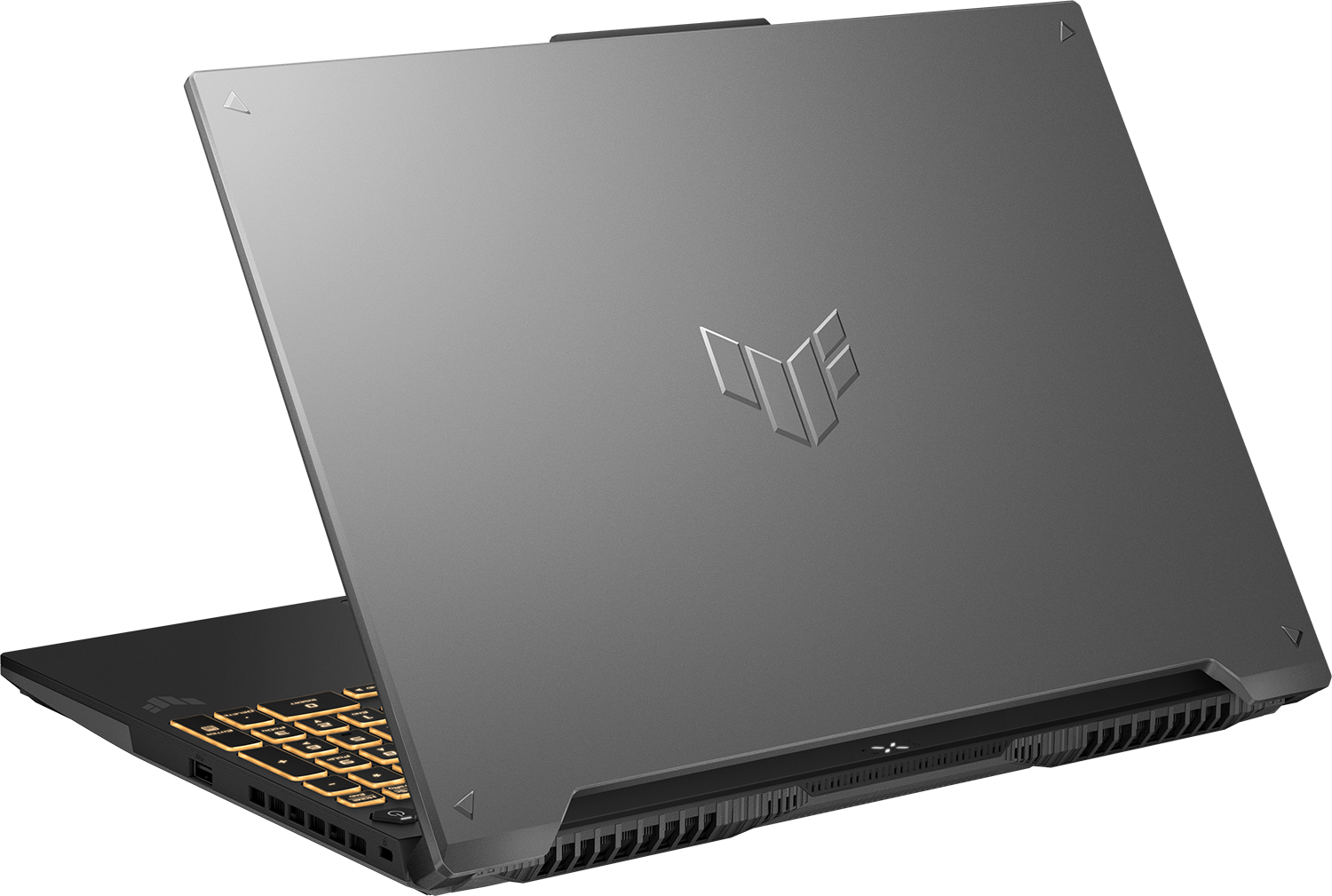 Szürke gamer laptop zárt fedéllel és megvilágított billentyűzettel.