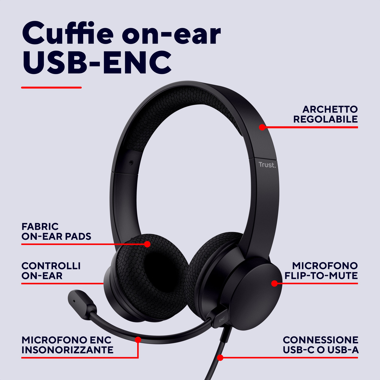 Cuffie on-ear USB nere con microfono e caratteristiche etichettate.
