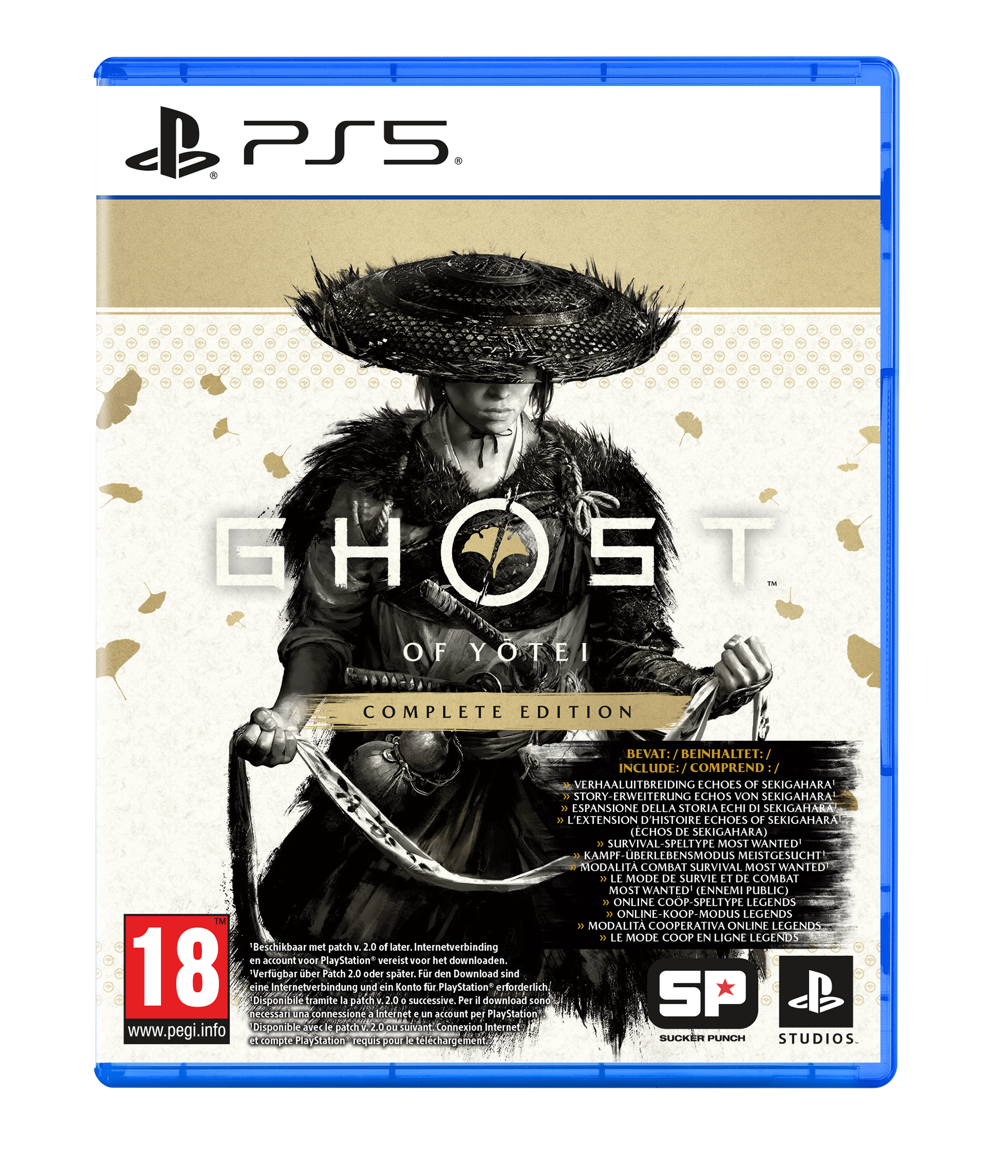 PS5-Spielhülle Ghost of Yotei Complete Edition mit einem Samurai in traditioneller Kleidung und großem Hut.
