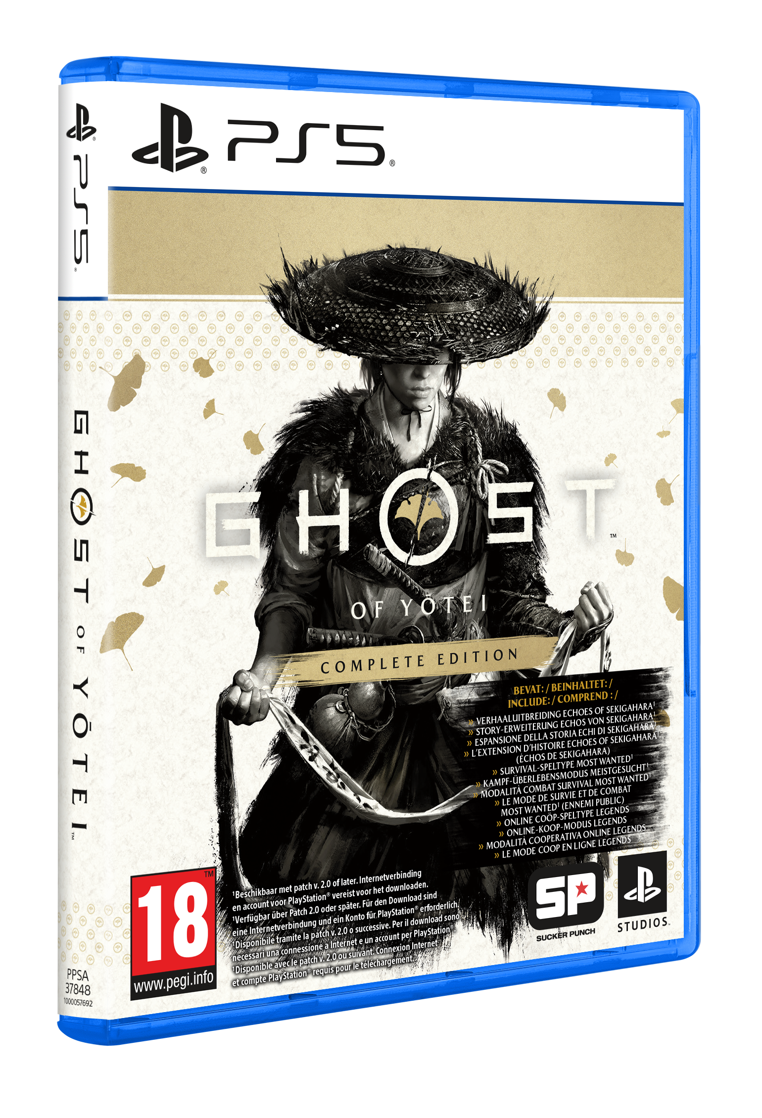 PS5-Spielhülle Ghost of Yōtei Complete Edition für 18 Jahre, mit Charakter in traditioneller Kleidung und Hut.