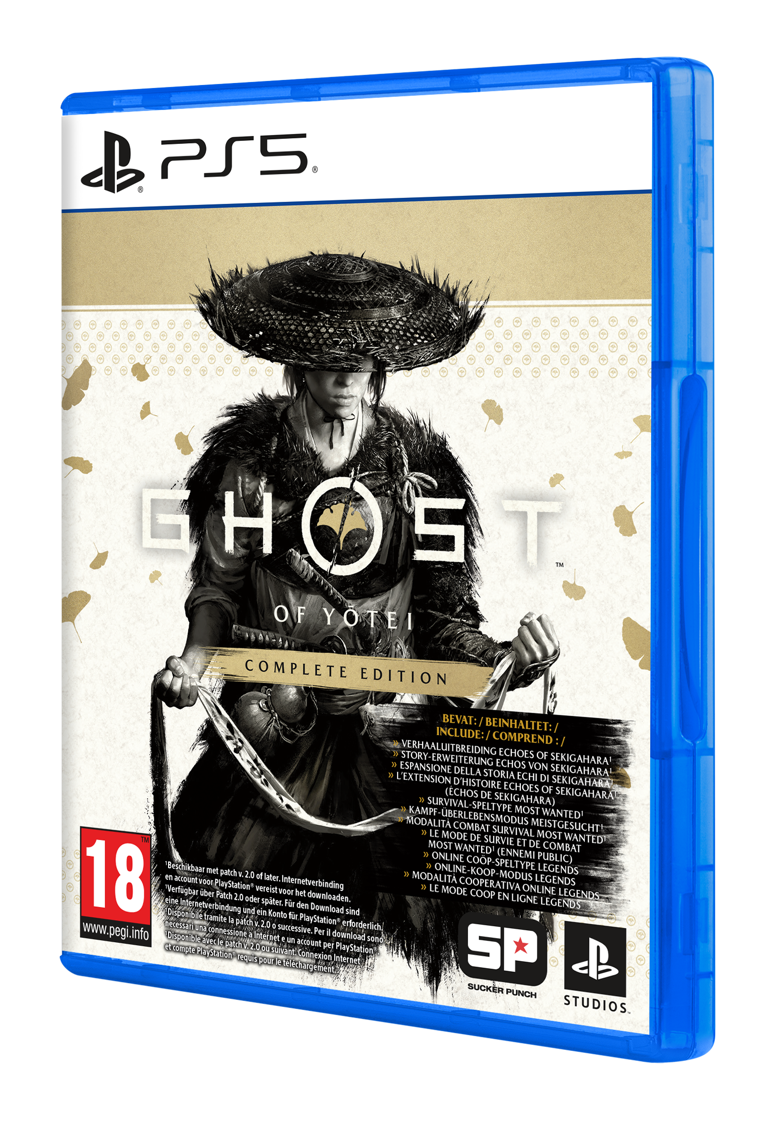 PS5-Spielhülle für Ghost of Yotei Complete Edition mit Charakter in Strohhut und weißem Hintergrund mit Blättern.