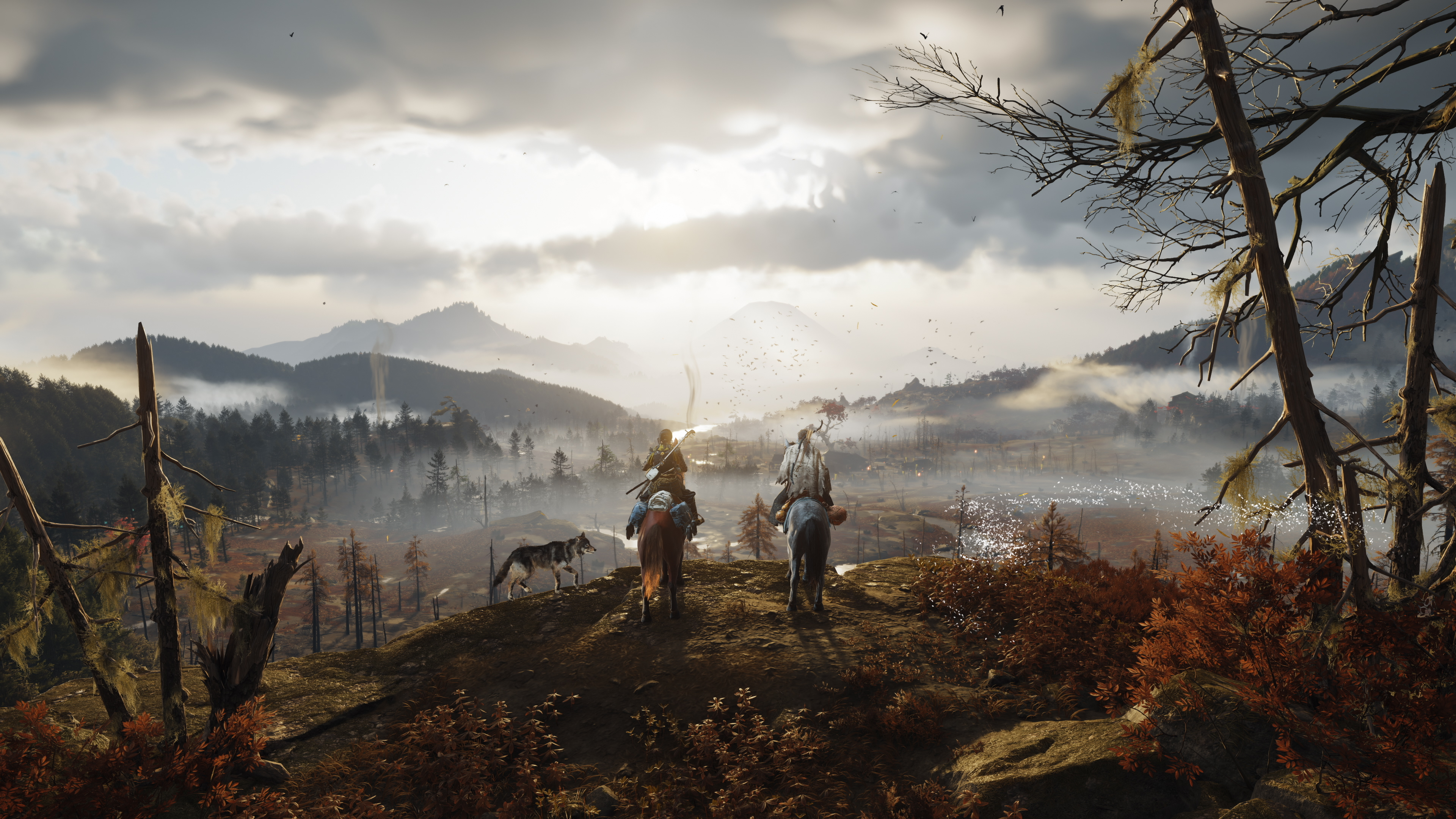 Zwei Reiter und ein Wolf stehen auf einem Berg und blicken auf ein nebliges Tal mit Bergen im Hintergrund.