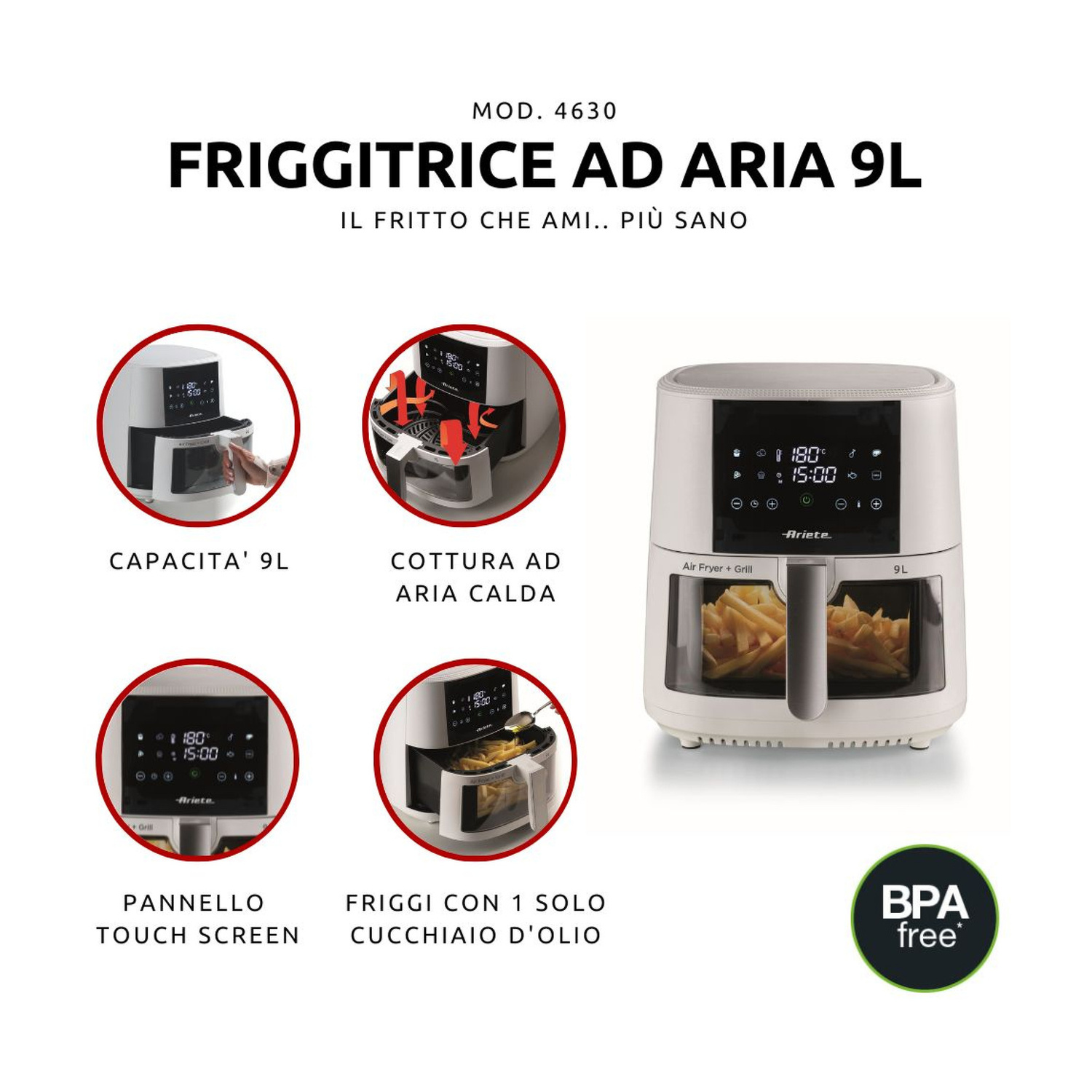 ARIETE AIR FRYER 9  FRIGGITRICE AD ARIA, capacità 9 l, Max potenza 1500 W, Bianco