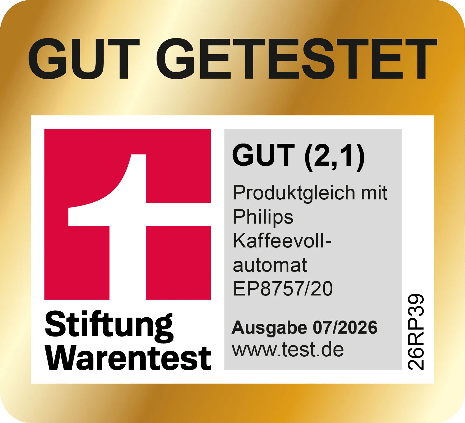 Stiftung Warentest Siegel Gut (2,1) für Philips Kaffeevollautomat EP8757/20, Ausgabe 07/2026.