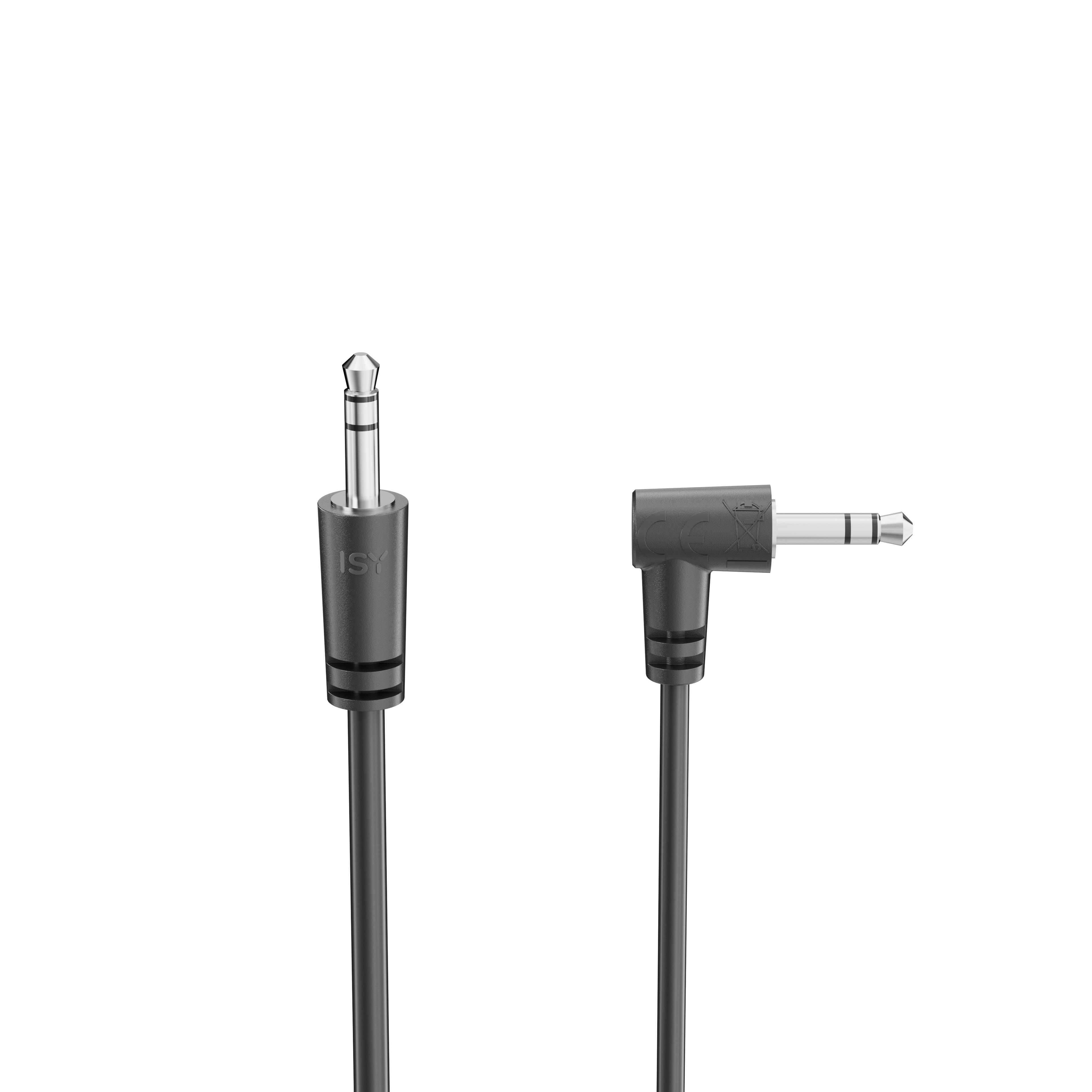Dos cables de audio negros con conectores jack plateados sobre fondo negro.