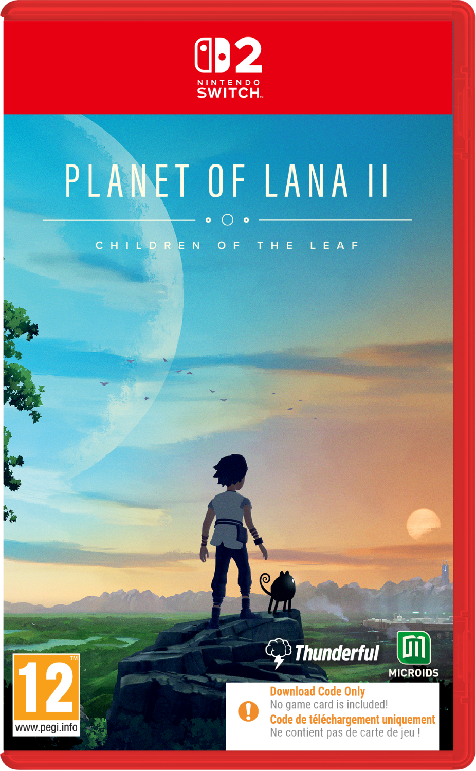 Carátula de Nintendo Switch 2 de Planet of Lana II con un niño y un gato en una roca.