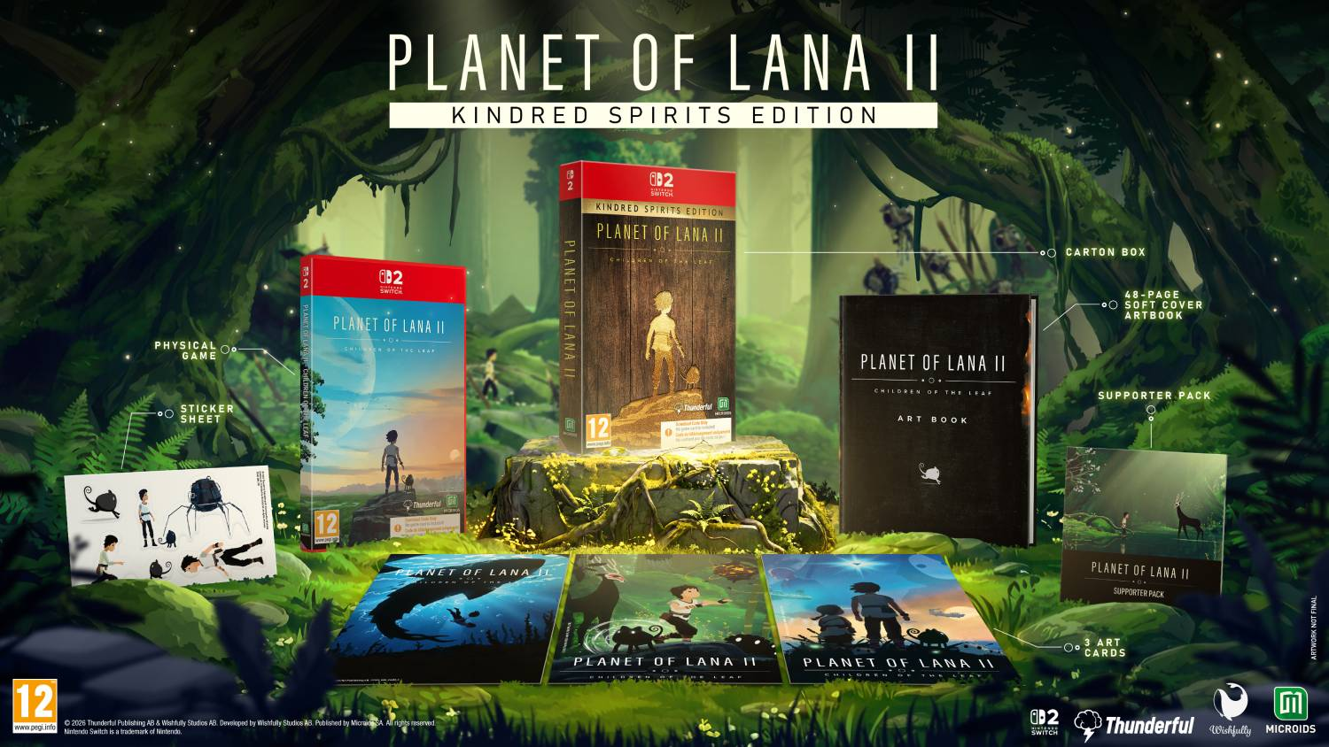 Contenido de Planet of Lana II Kindred Spirits Edition con juego, libro de arte, pegatinas, caja y tarjetas.